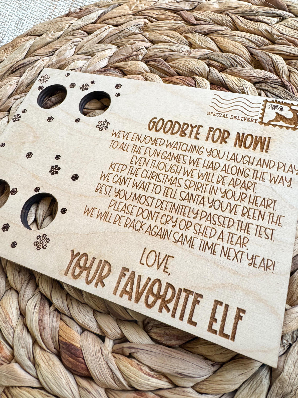 Close-up of the engraved Goodbye For Now elf goodbye message signed from your favorite elf on maple wood