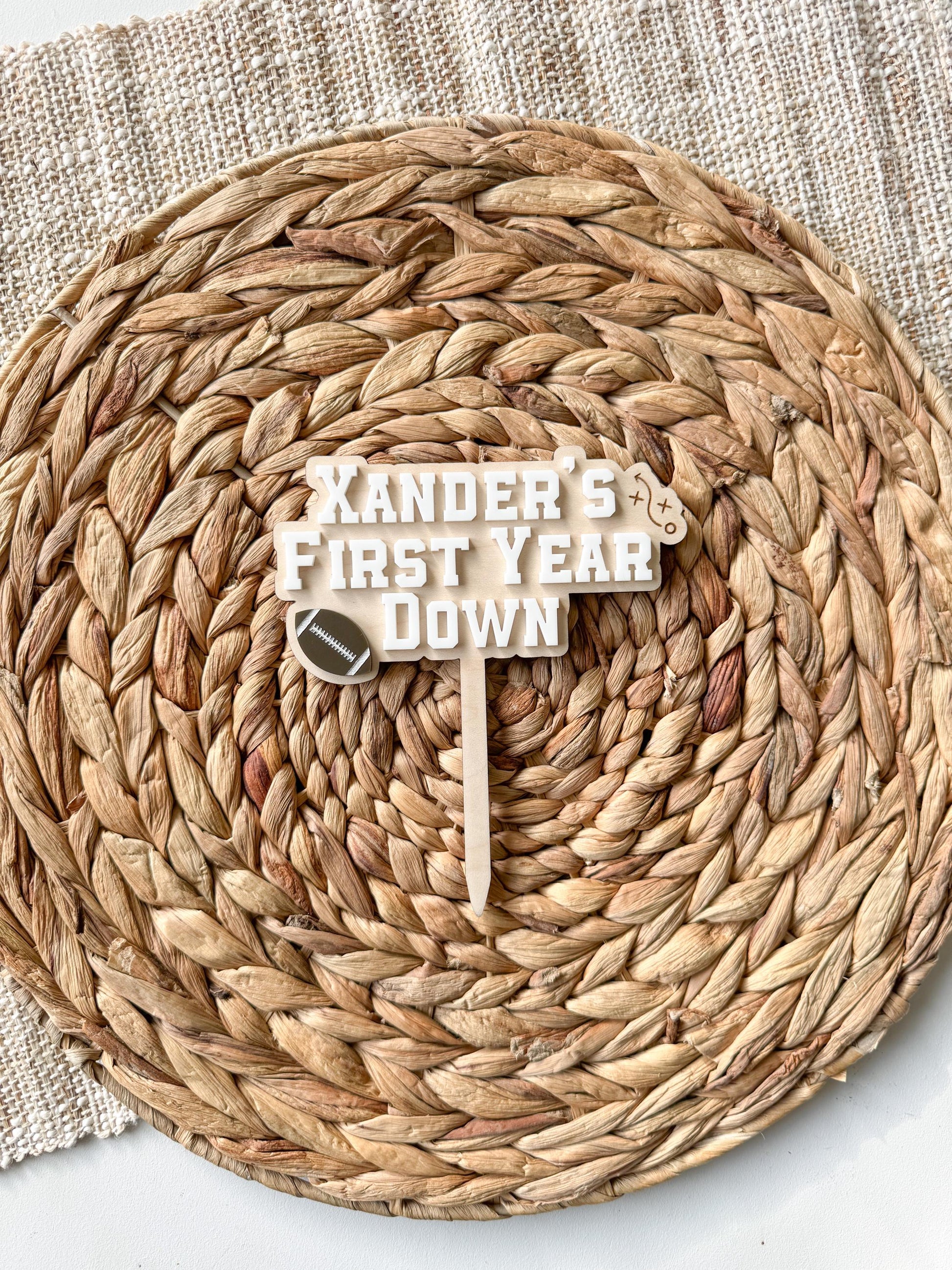 Custom First Year Down Cake Topper – Personalized Football Birthday Topper, Sports Theme Party Decor