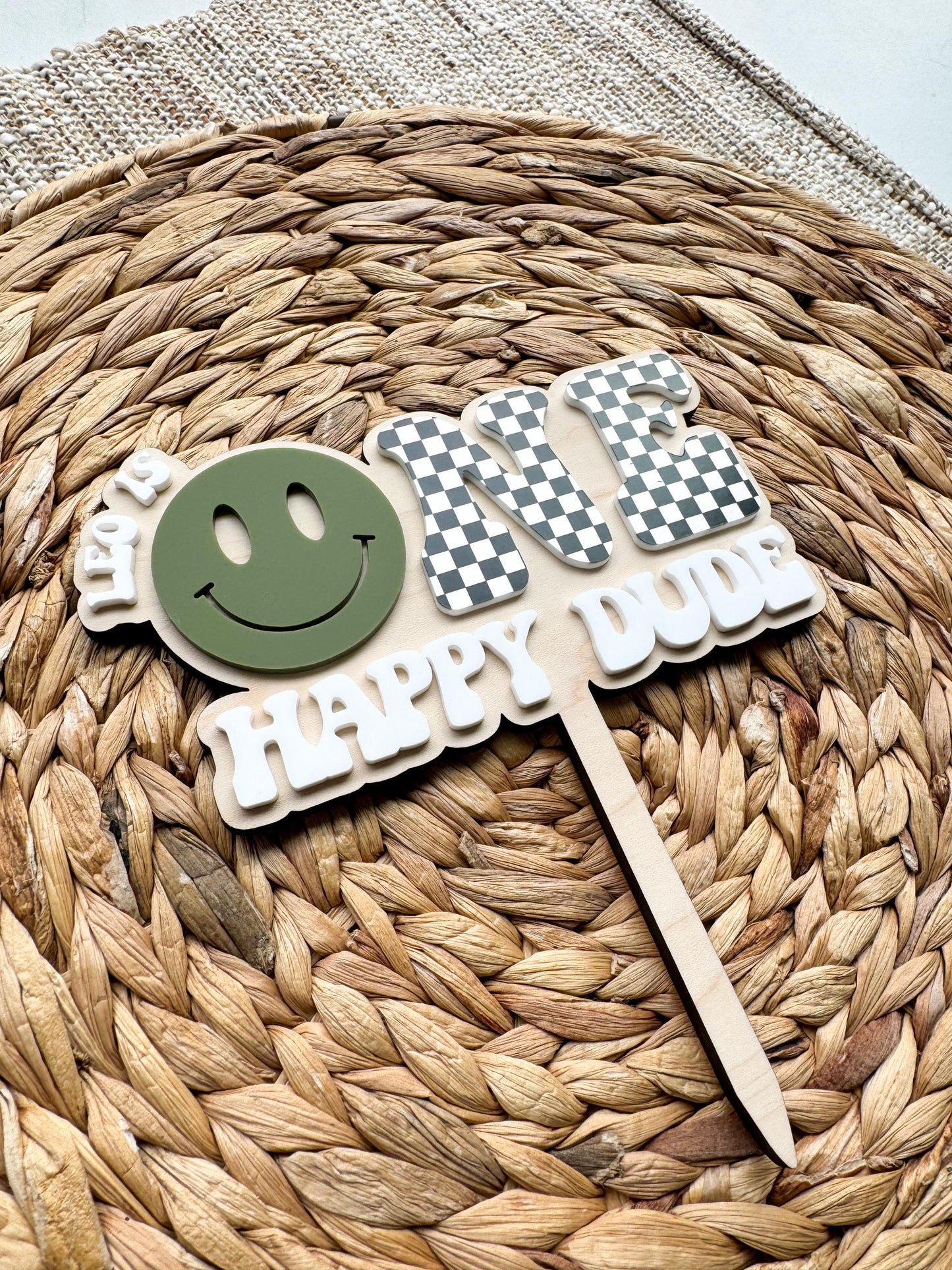 Merry Dude First Birthday Cake Topper • Retro Checkered ONE, Custom Name