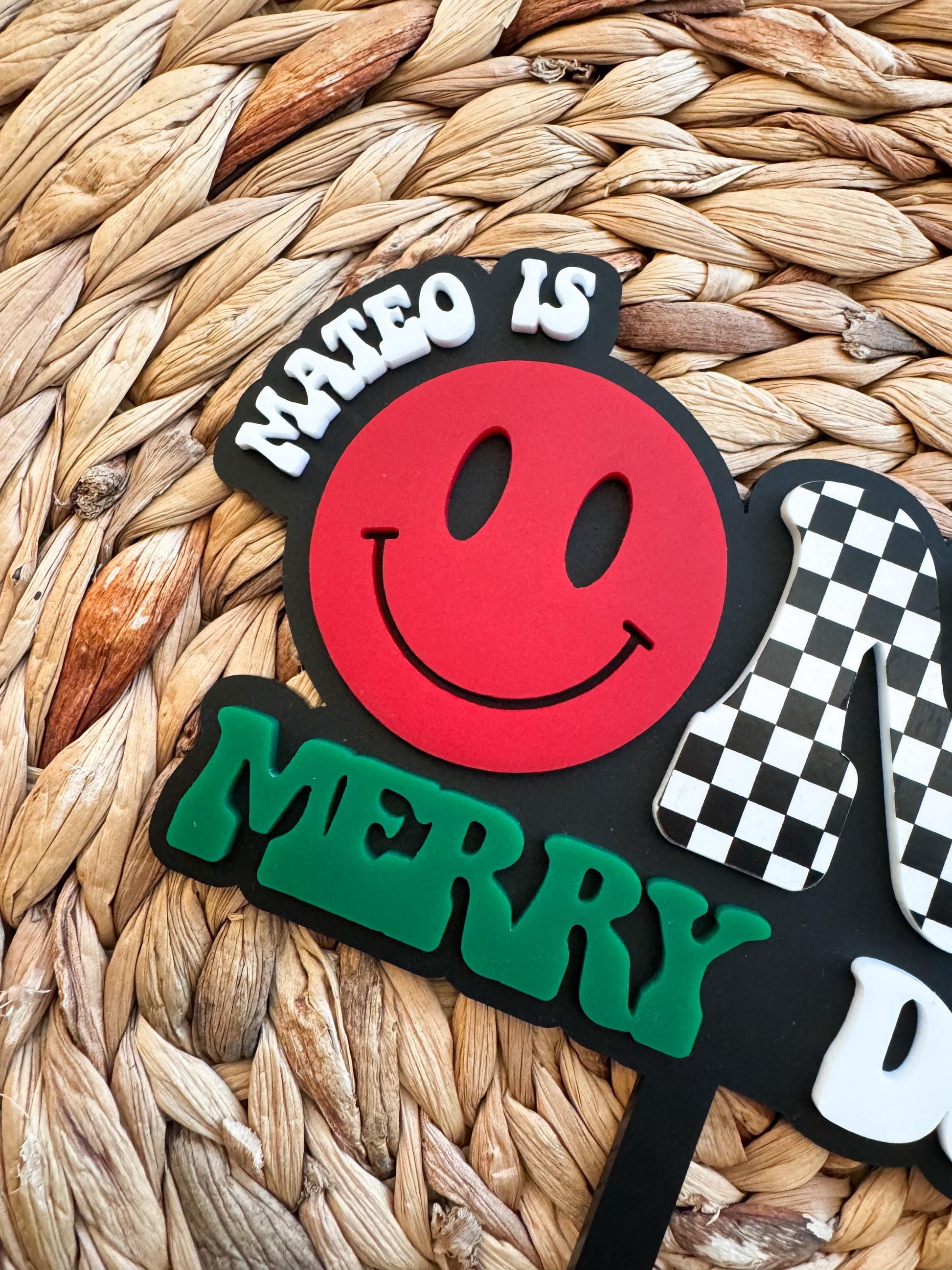 Merry Dude First Birthday Cake Topper • Retro Checkered ONE, Custom Name
