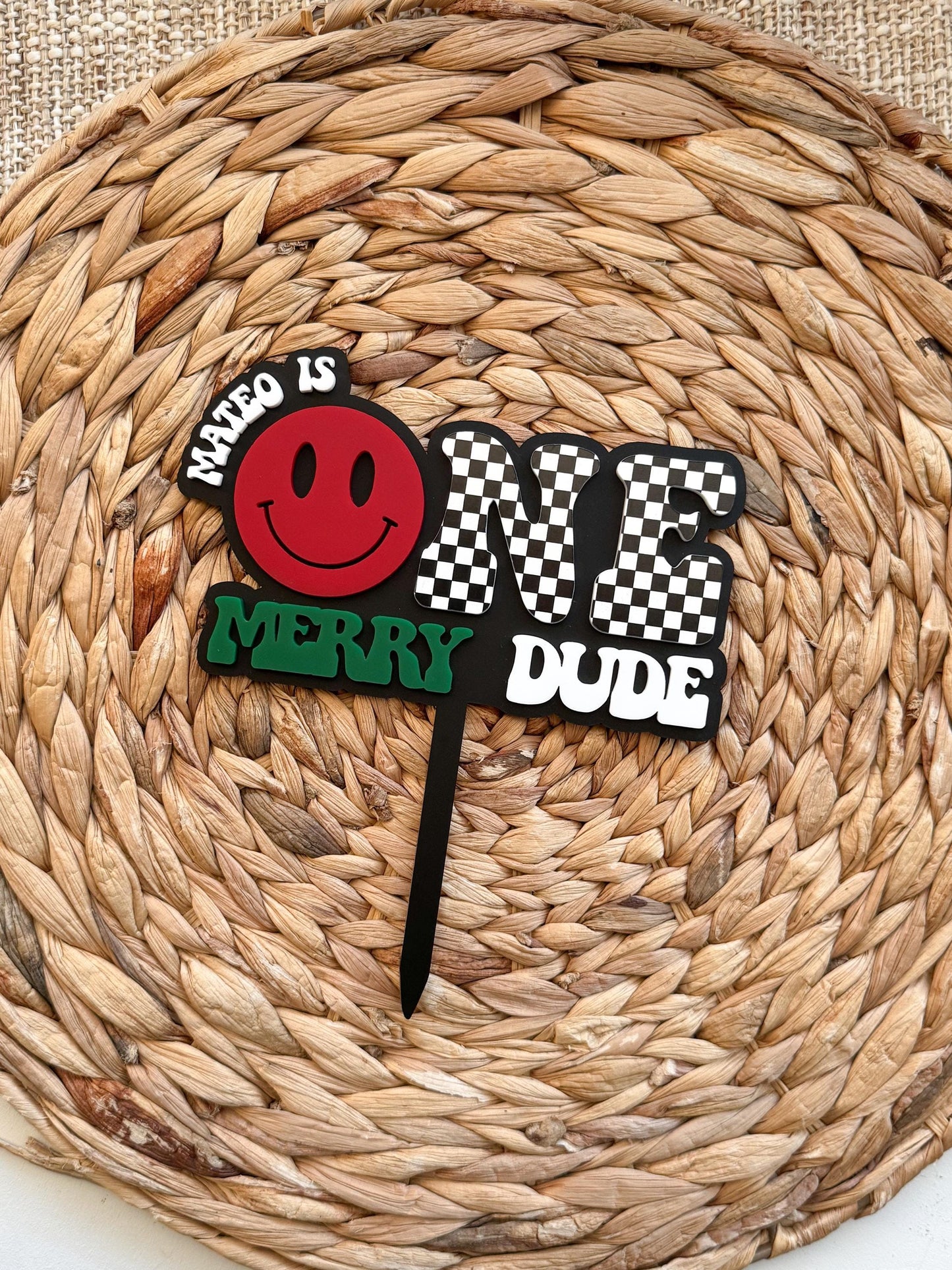 Merry Dude First Birthday Cake Topper • Retro Checkered ONE, Custom Name