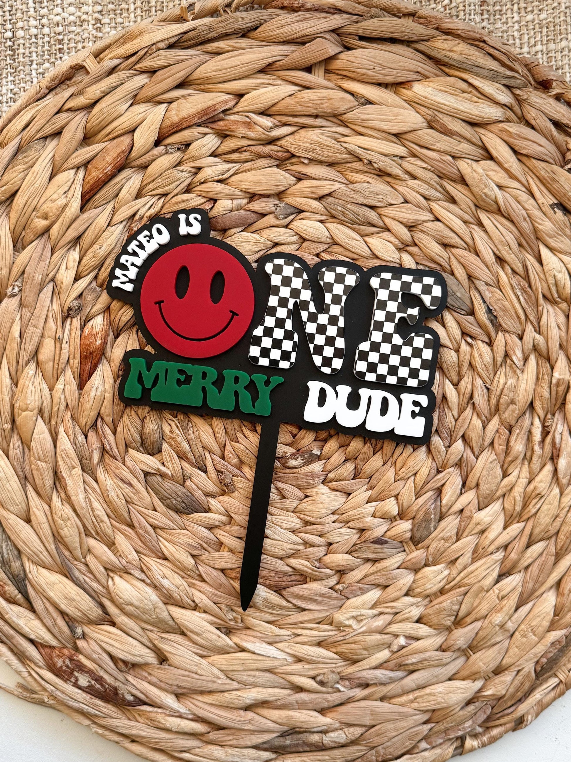 Merry Dude First Birthday Cake Topper • Retro Checkered ONE, Custom Name