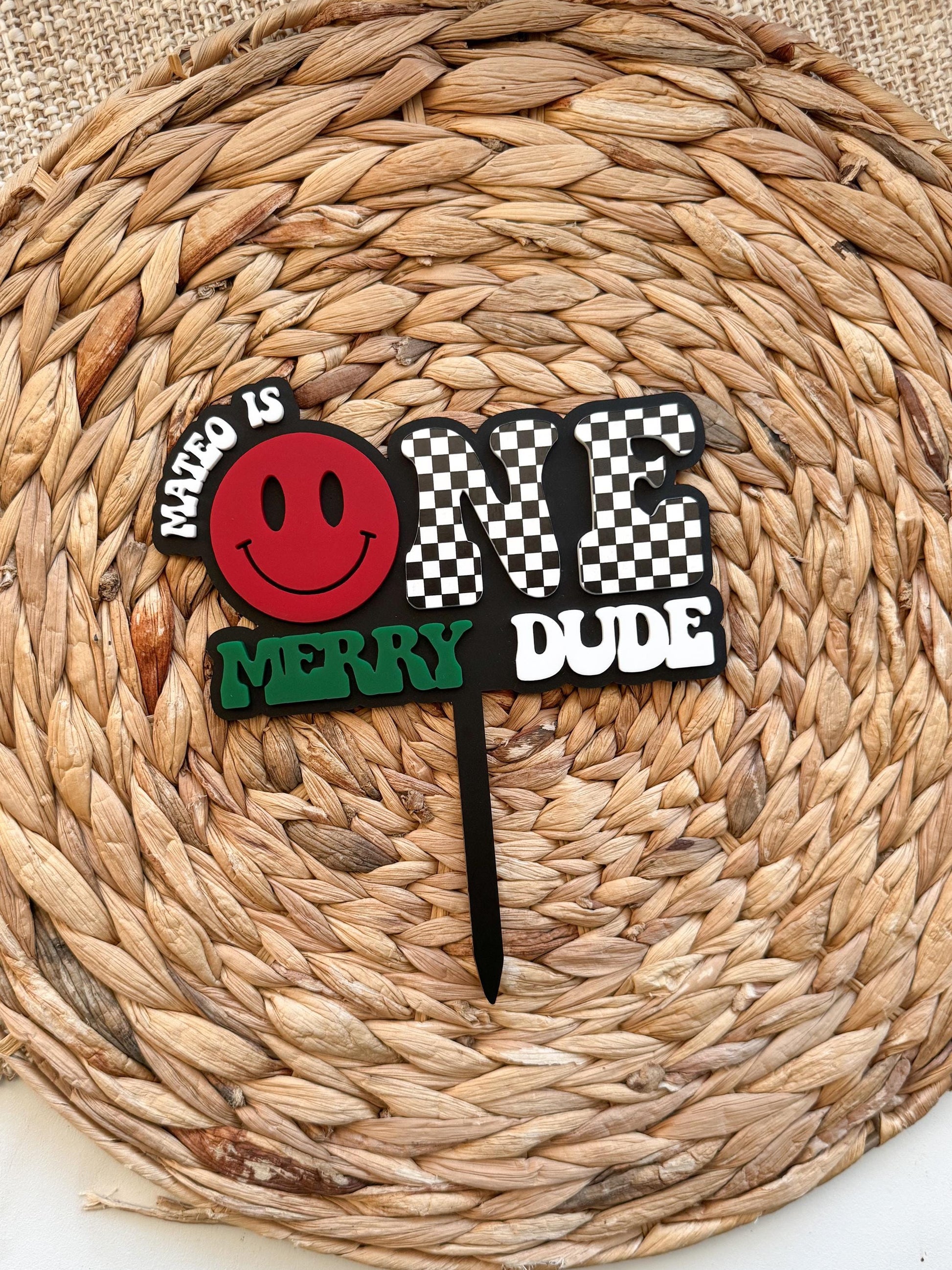 Merry Dude First Birthday Cake Topper • Retro Checkered ONE, Custom Name