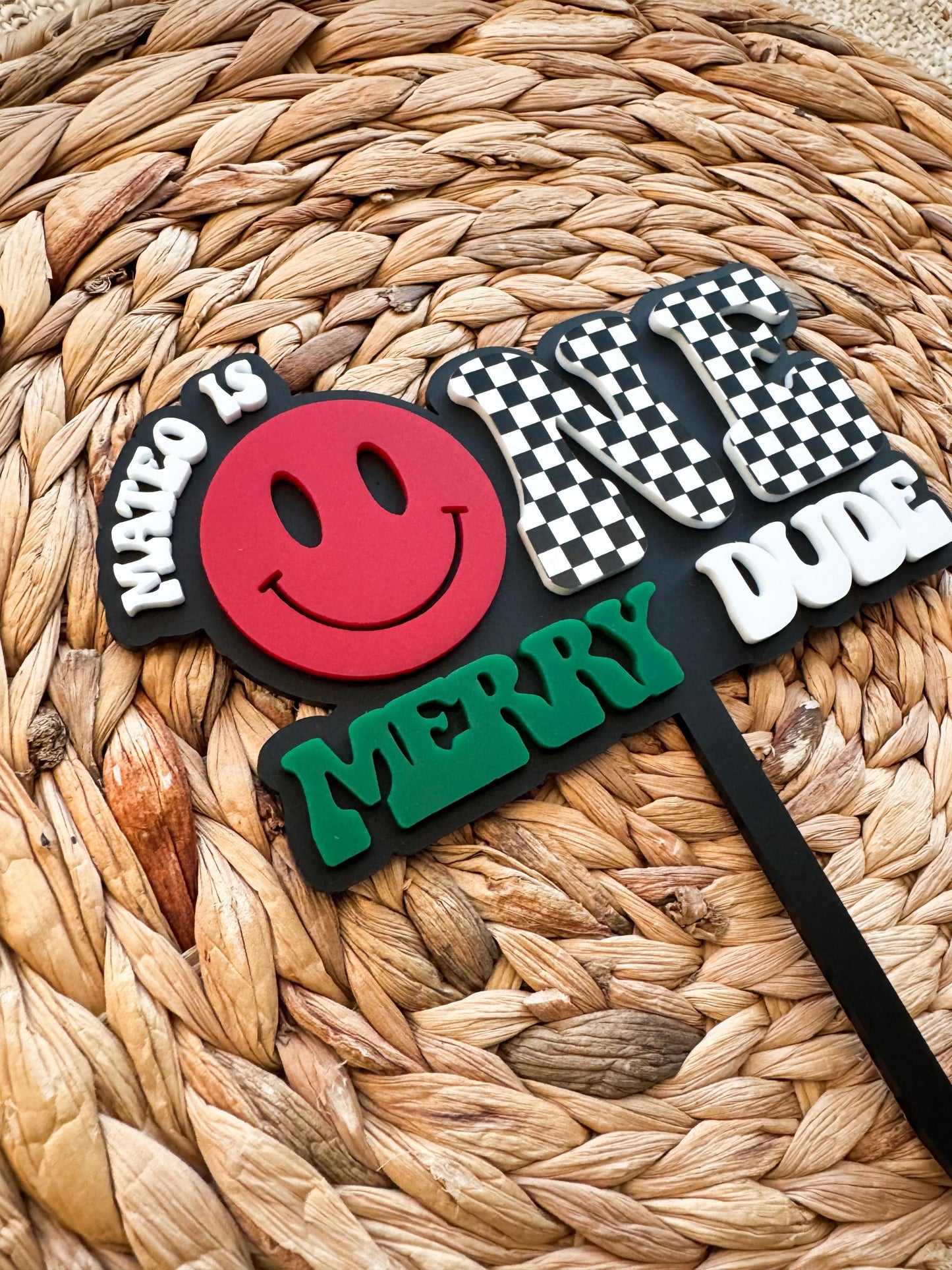 Merry Dude First Birthday Cake Topper • Retro Checkered ONE, Custom Name