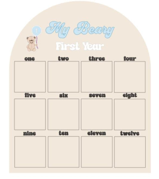 Beary first year photo board in maple wood for teddy bear 1st birthday monthly milestone display