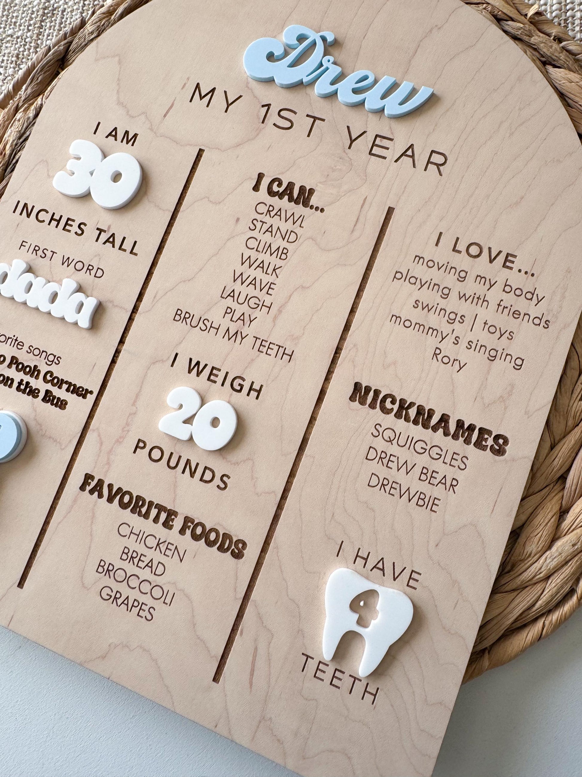 Baby milestone board displaying height weight favorite foods and milestones from first year