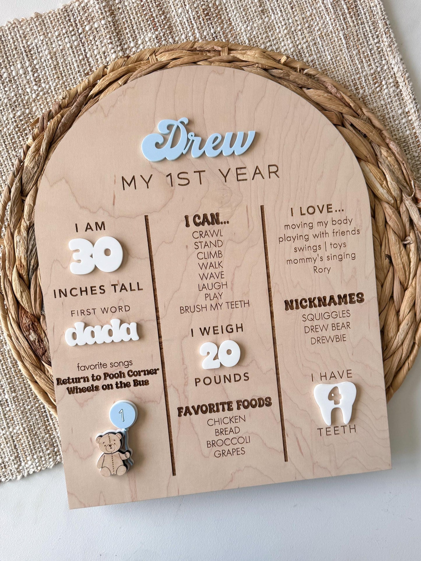 Personalized baby milestone board with teddy bear theme used for first birthday party decor