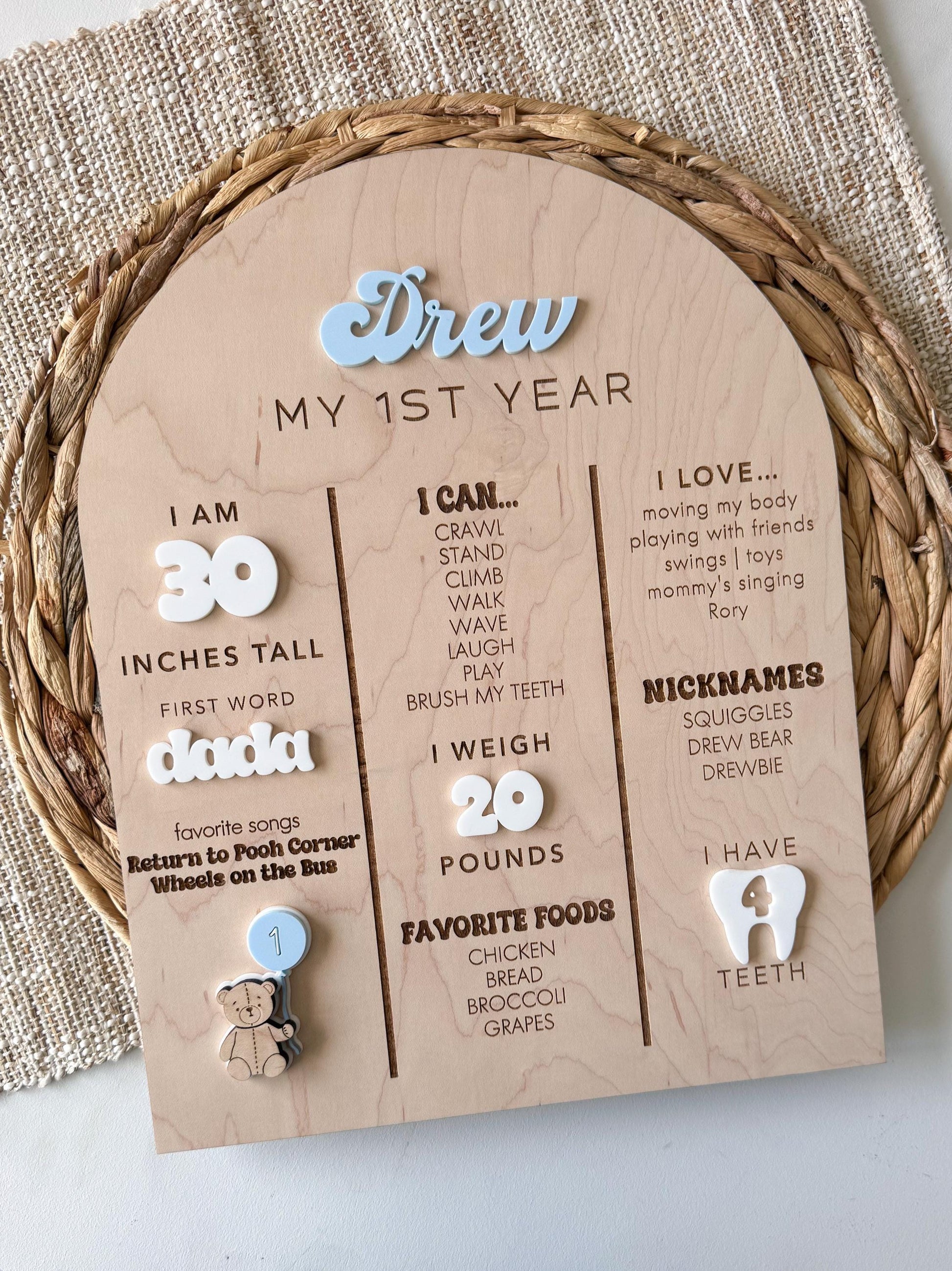 Personalized baby milestone board with teddy bear theme used for first birthday party decor