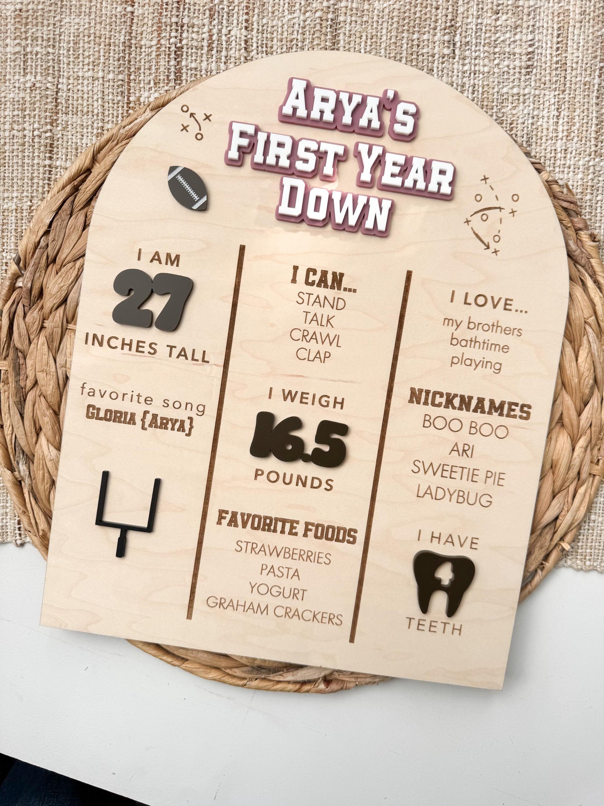 Personalized First Year Down Football Milestone Board for Girls and Boys
