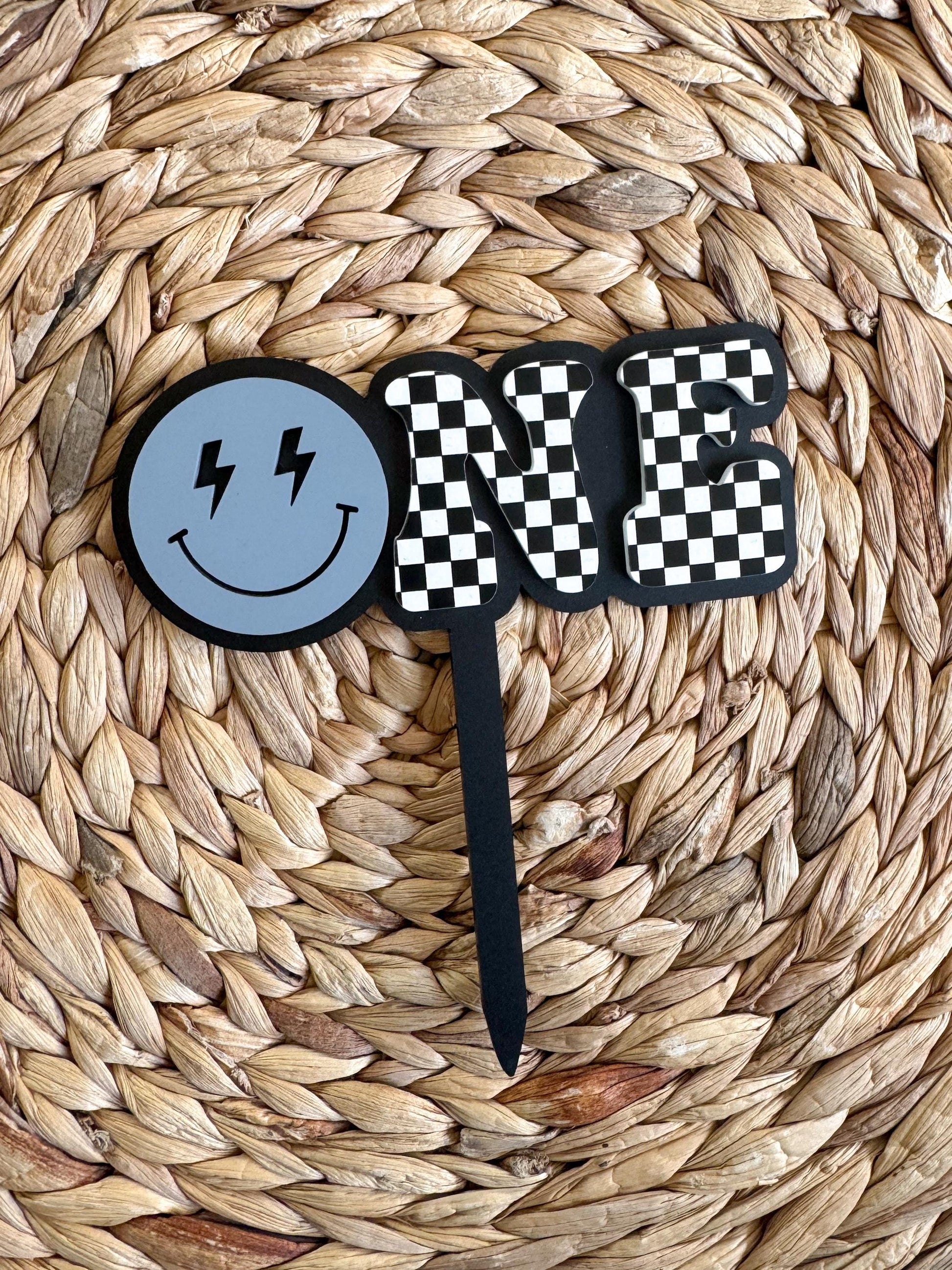 ONE Smiley Cake Topper | Checkered First Birthday | Modern Smash Cake Decor