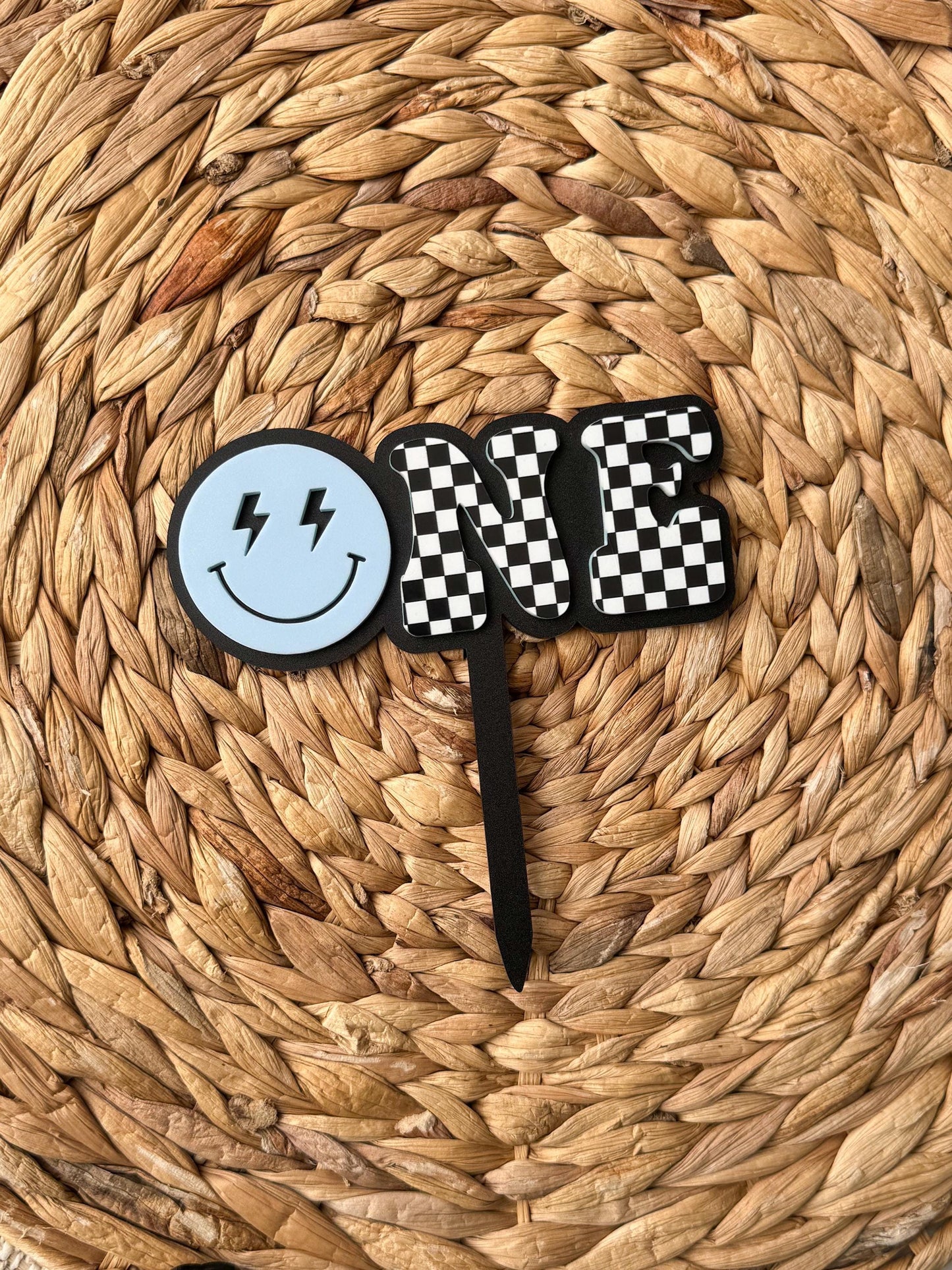ONE Smiley Cake Topper | Checkered First Birthday | Modern Smash Cake Decor