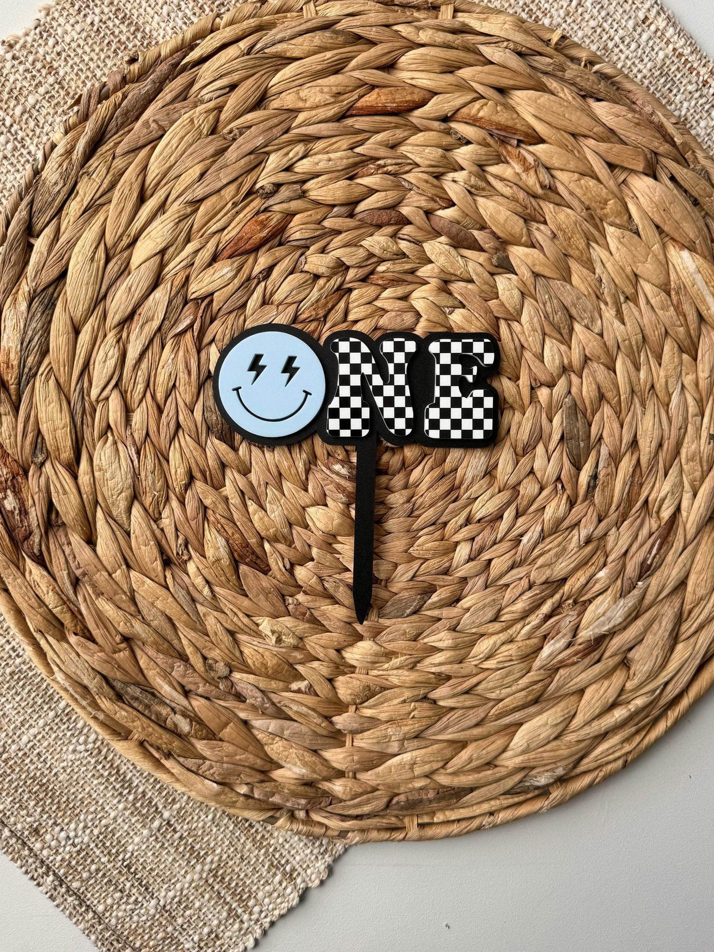 ONE Smiley Cake Topper | Checkered First Birthday | Modern Smash Cake Decor