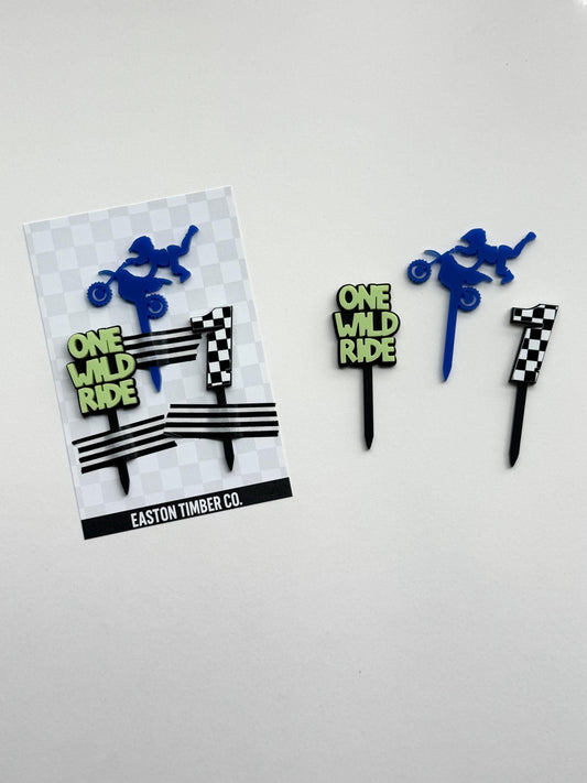 One Wild Ride Cupcake Toppers – Dirt Bike First Birthday Acrylic Cup Cake Decor