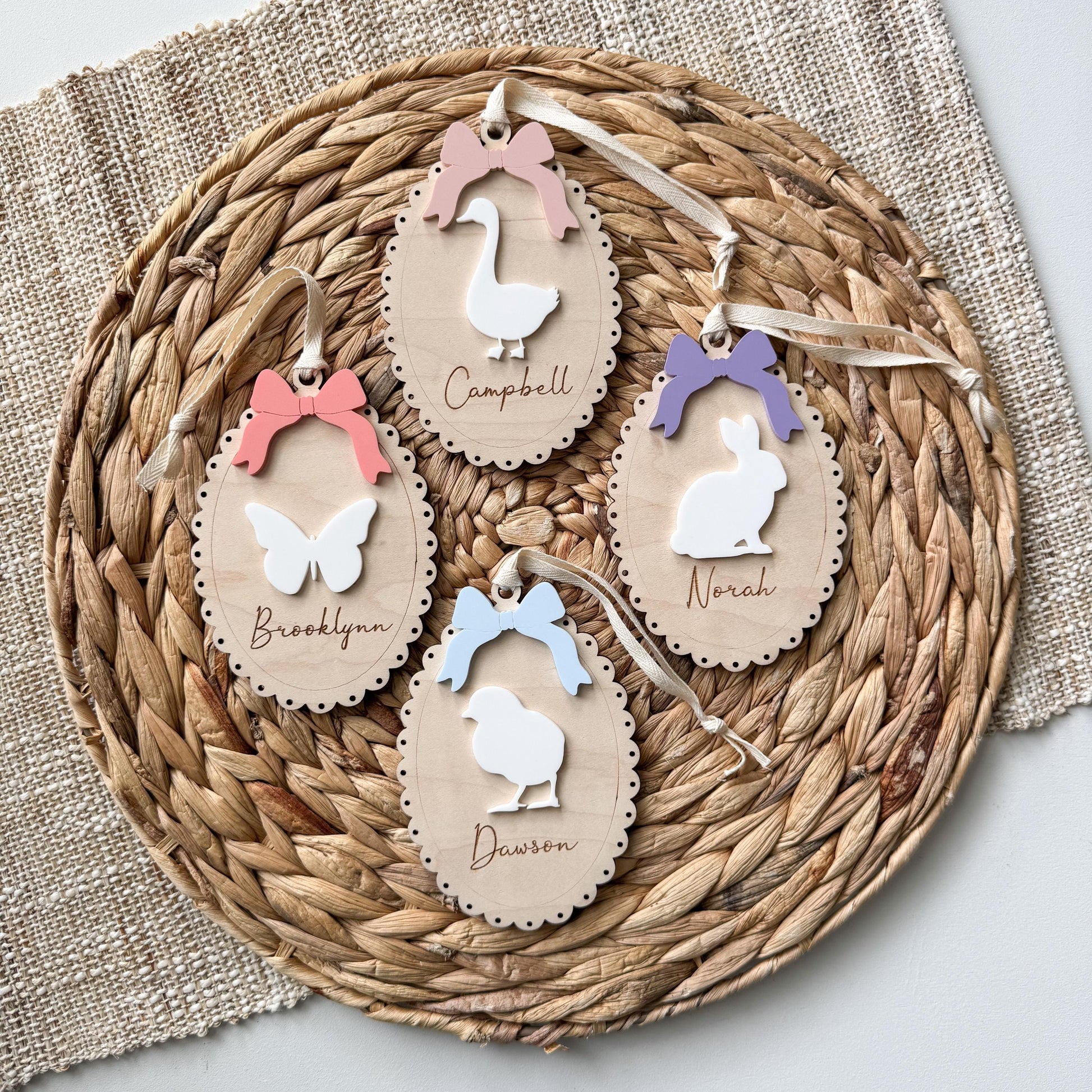 Personalized Easter basket tags in multiple styles — egg, bunny, and chick designs