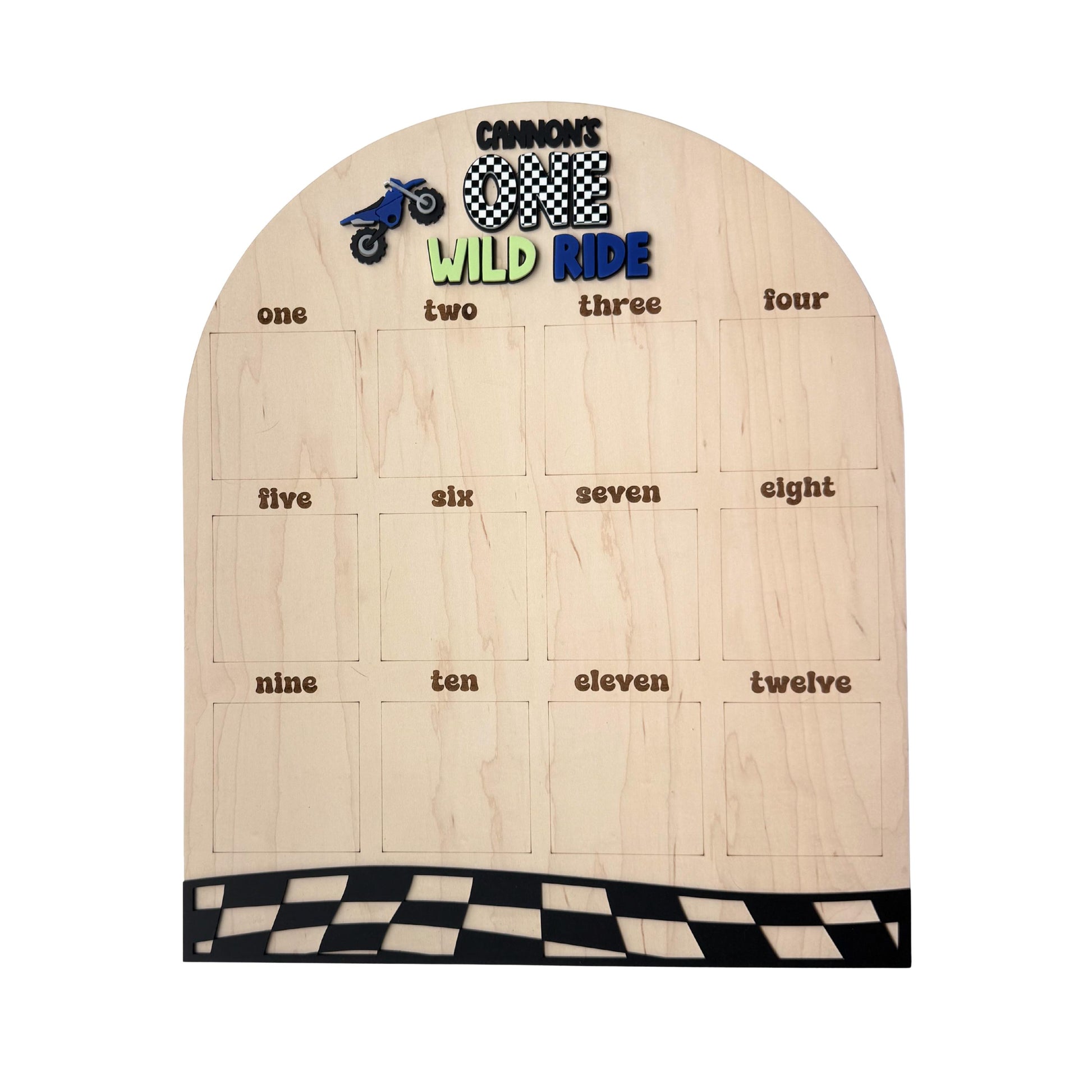 One Wild Ride dirt bike first birthday photo board in maple wood, 1st birthday monthly display