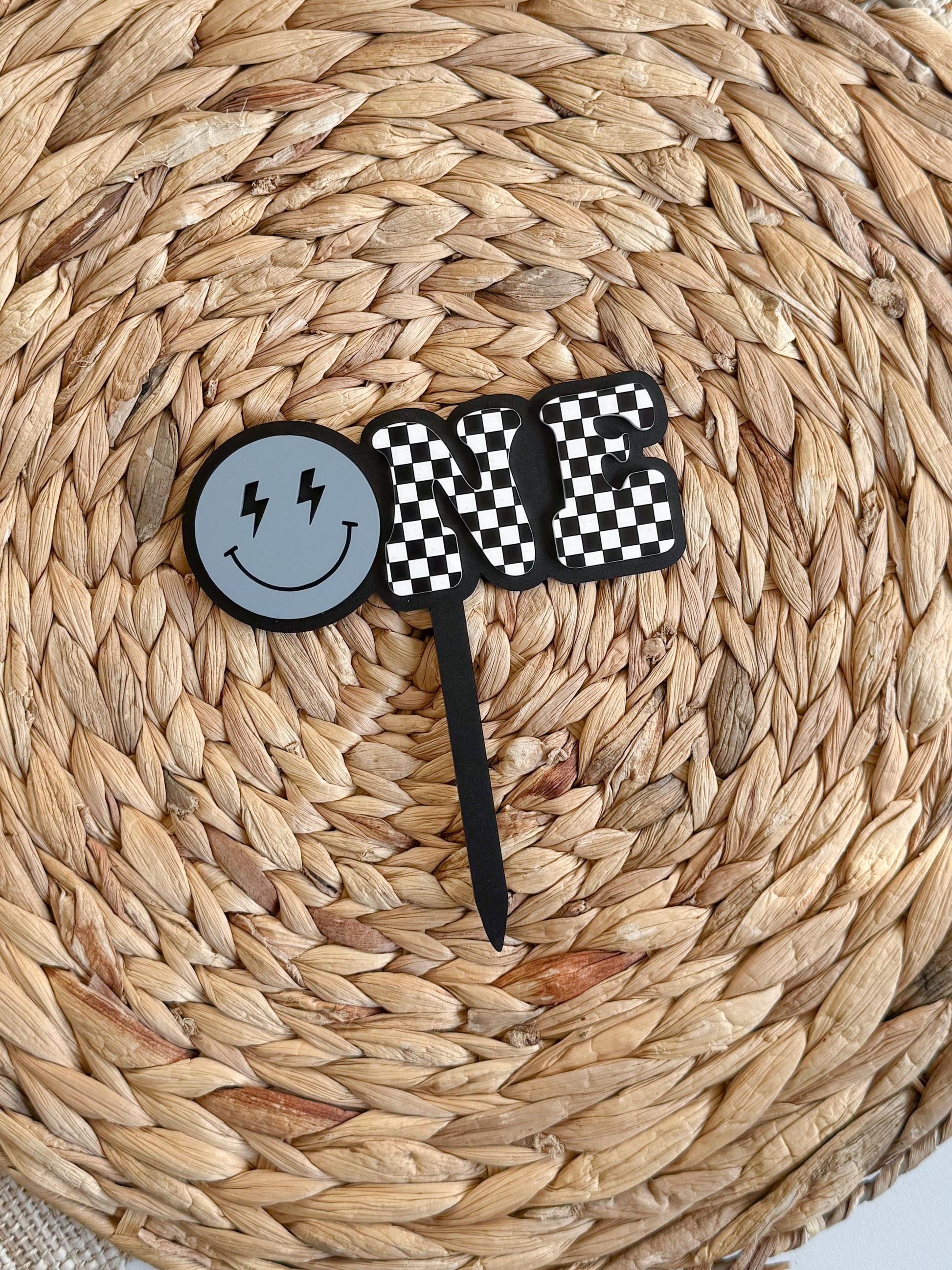 ONE Smiley Cake Topper | Checkered First Birthday | Modern Smash Cake Decor