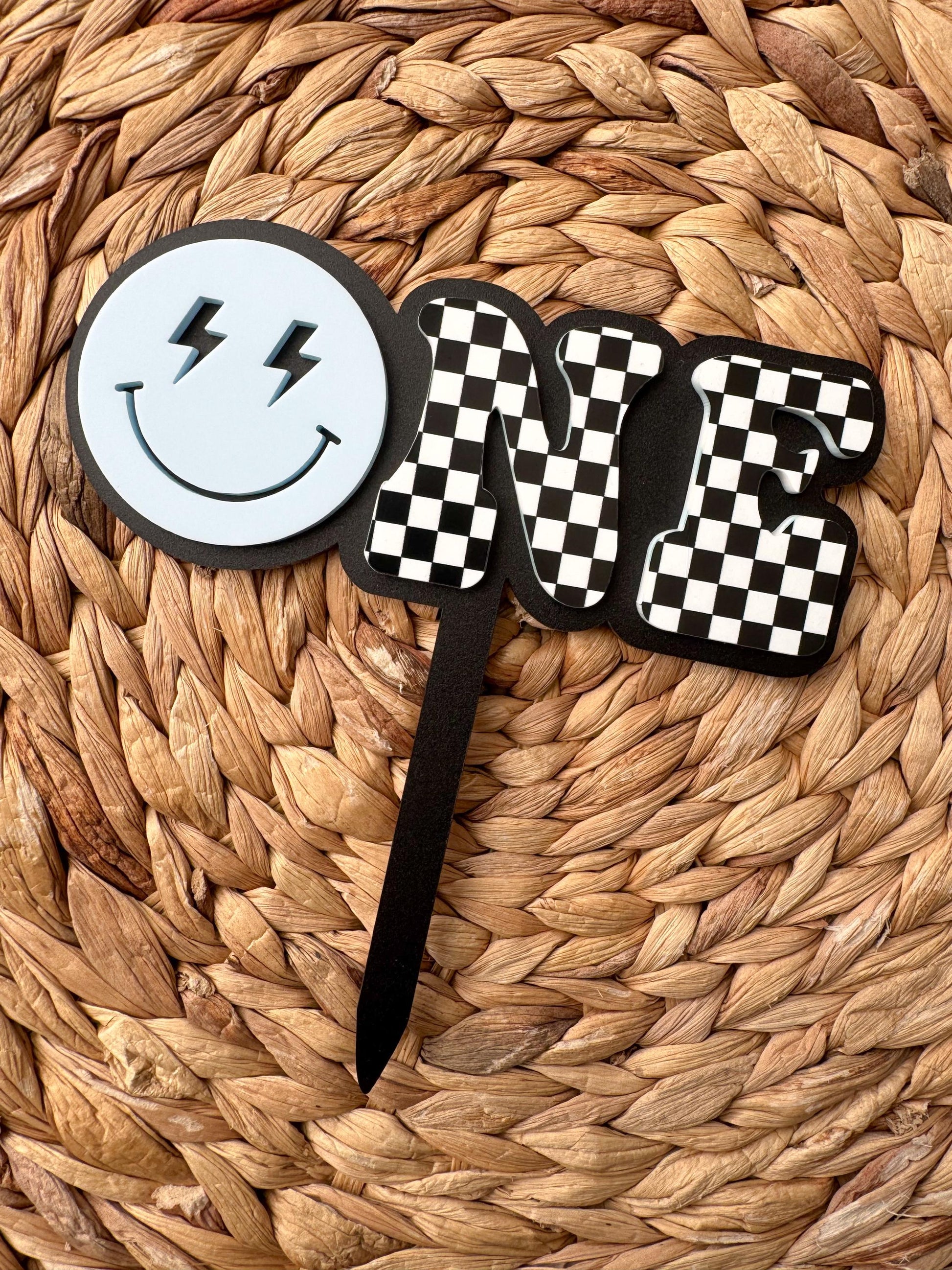 ONE Smiley Cake Topper | Checkered First Birthday | Modern Smash Cake Decor