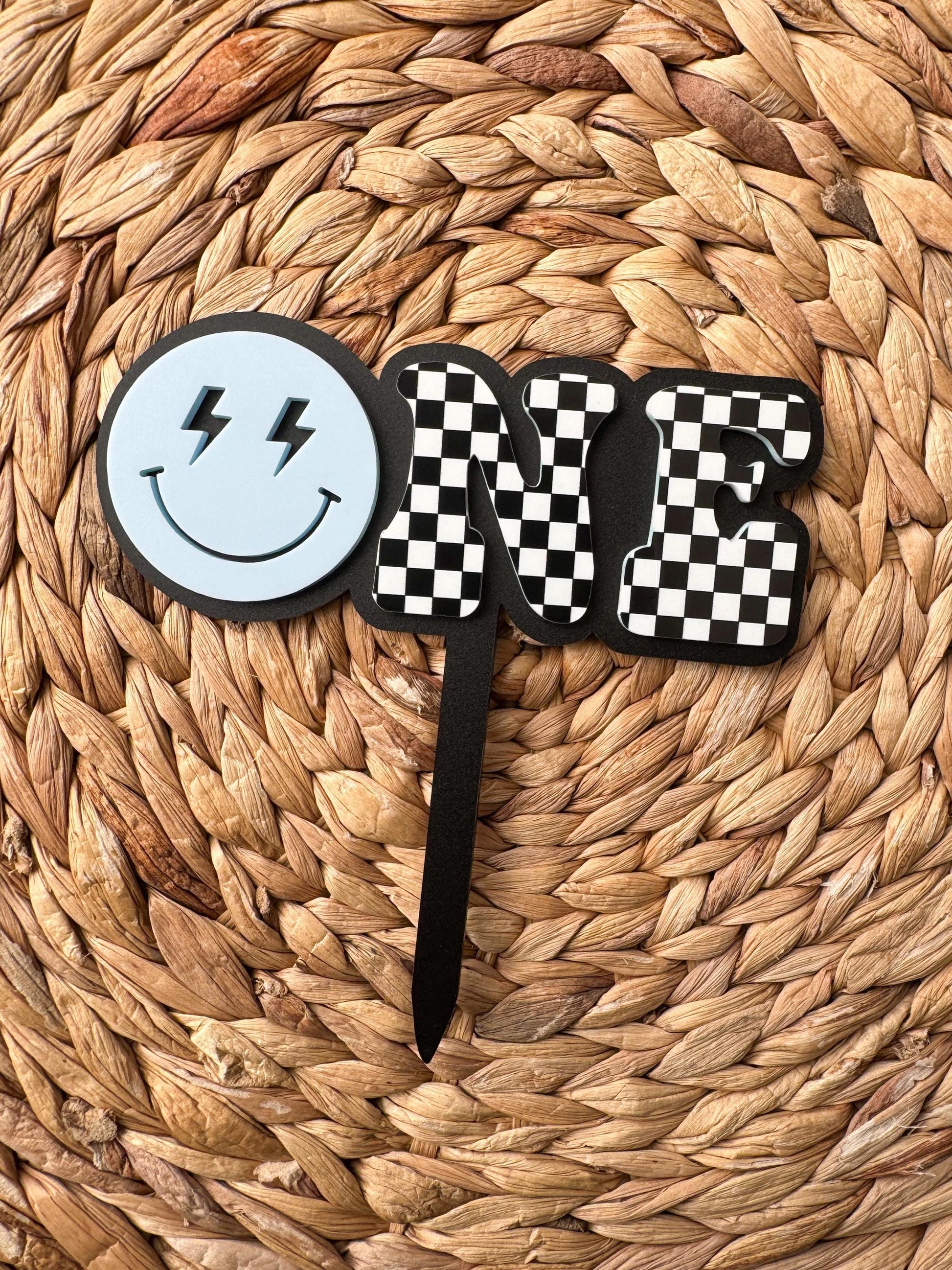 ONE Smiley Cake Topper | Checkered First Birthday | Modern Smash Cake Decor