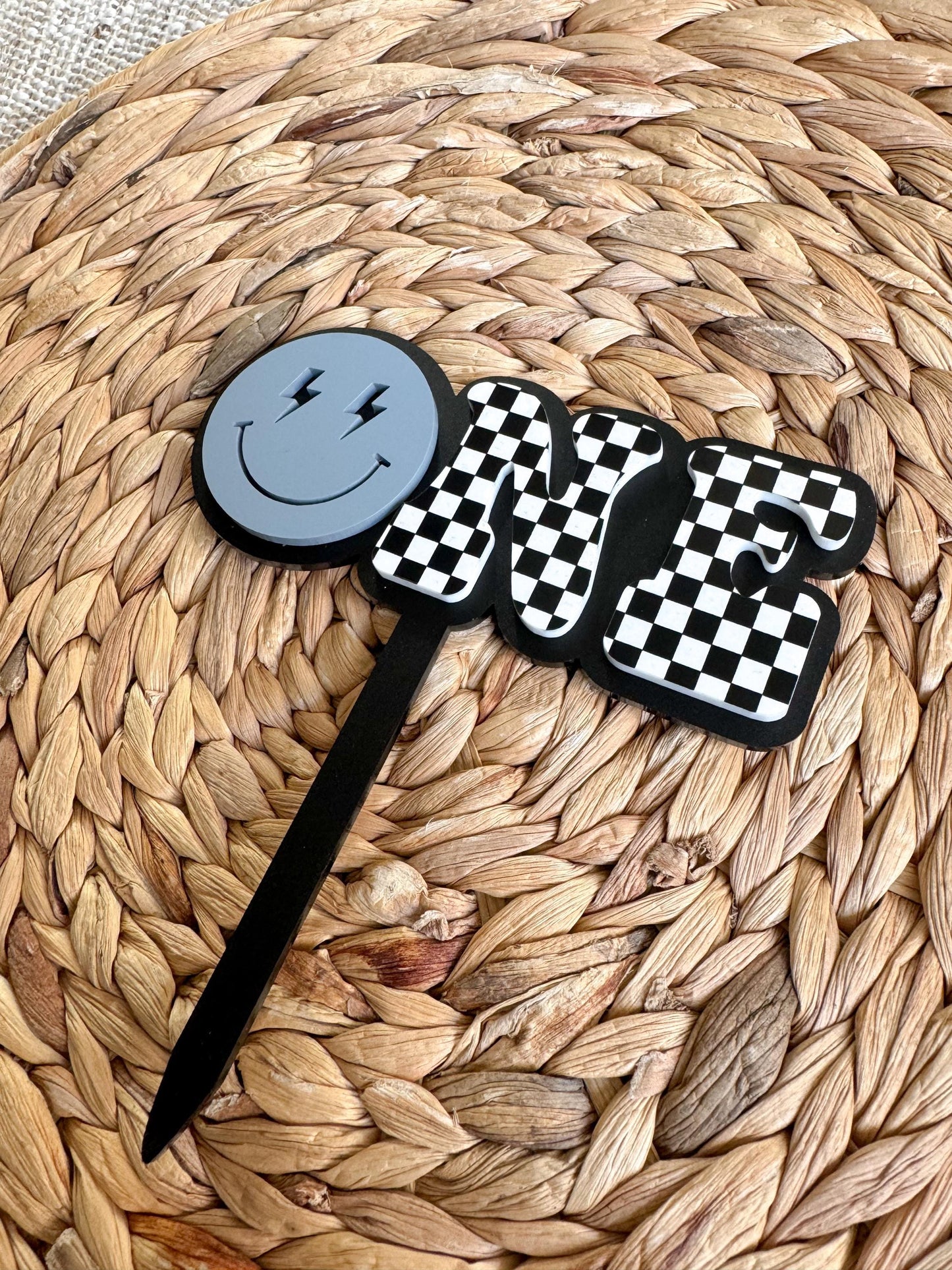 ONE Smiley Cake Topper | Checkered First Birthday | Modern Smash Cake Decor