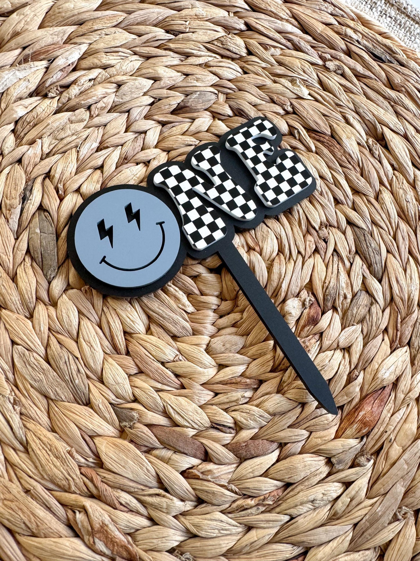 ONE Smiley Cake Topper | Checkered First Birthday | Modern Smash Cake Decor
