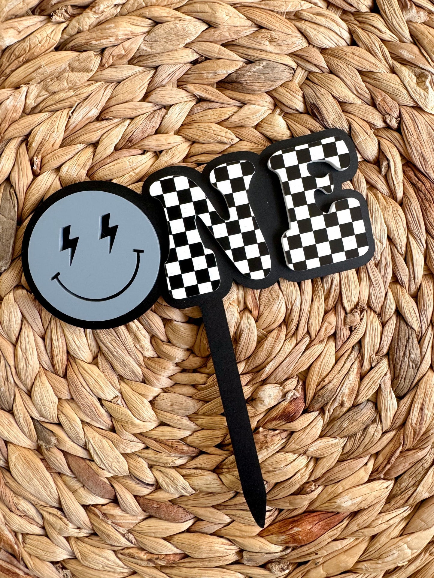 ONE Smiley Cake Topper | Checkered First Birthday | Modern Smash Cake Decor
