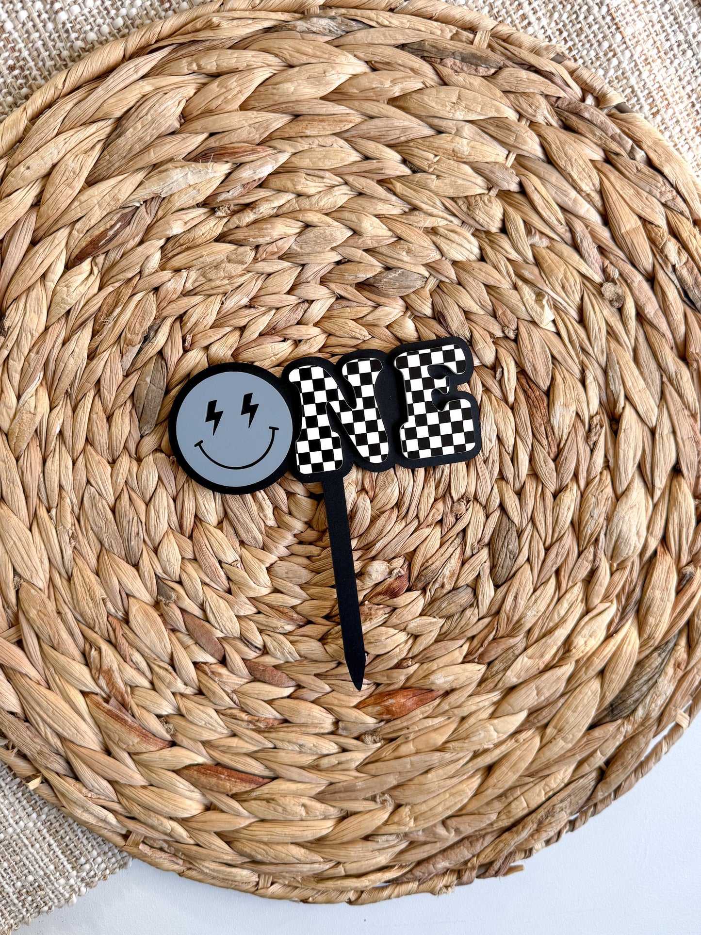 ONE Smiley Cake Topper | Checkered First Birthday | Modern Smash Cake Decor