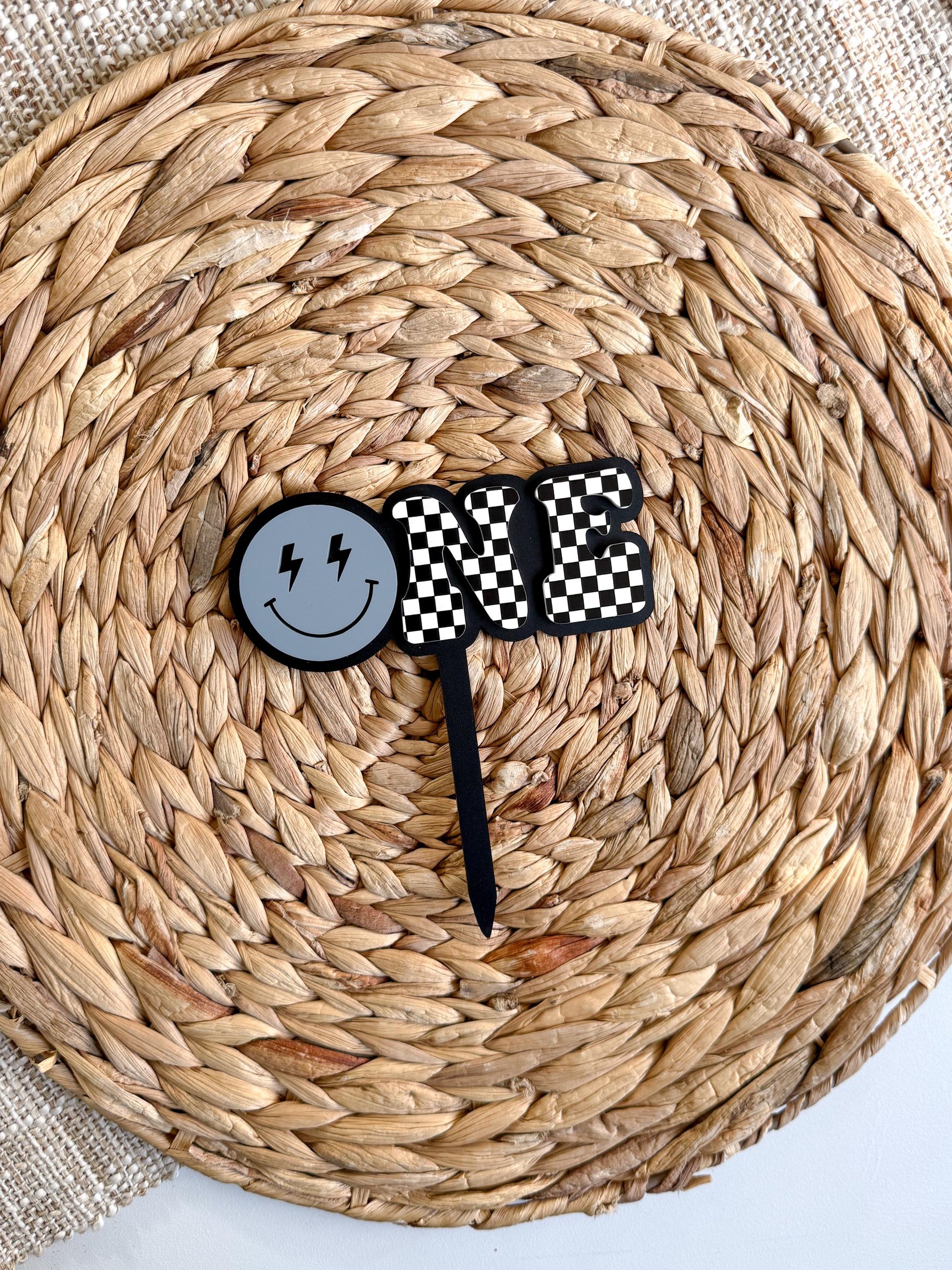 ONE Smiley Cake Topper | Checkered First Birthday | Modern Smash Cake Decor