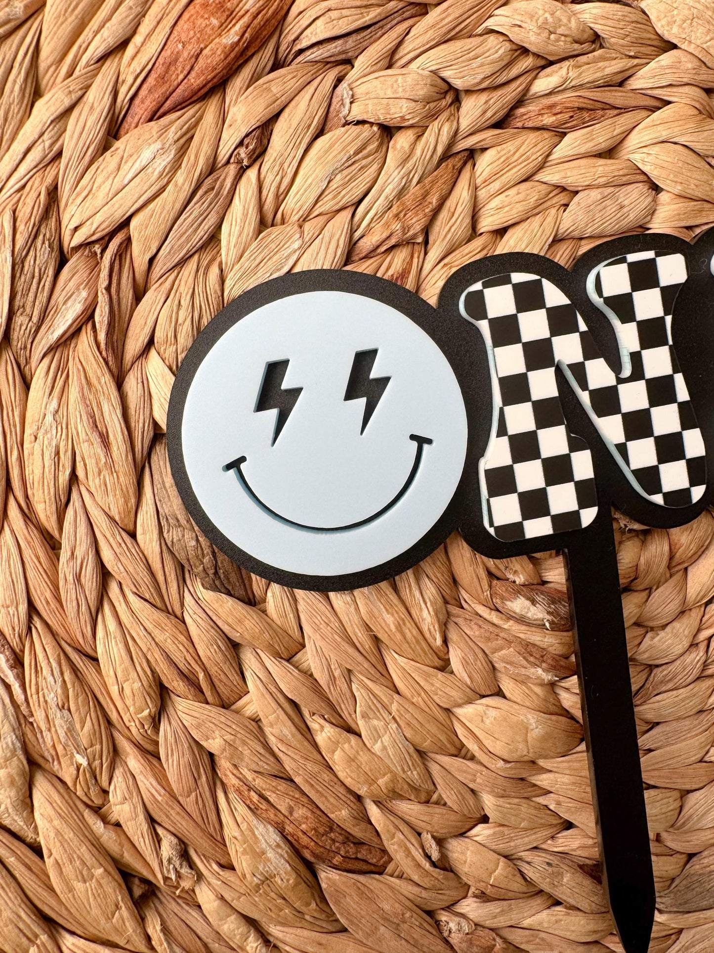 ONE Smiley Cake Topper | Checkered First Birthday | Modern Smash Cake Decor