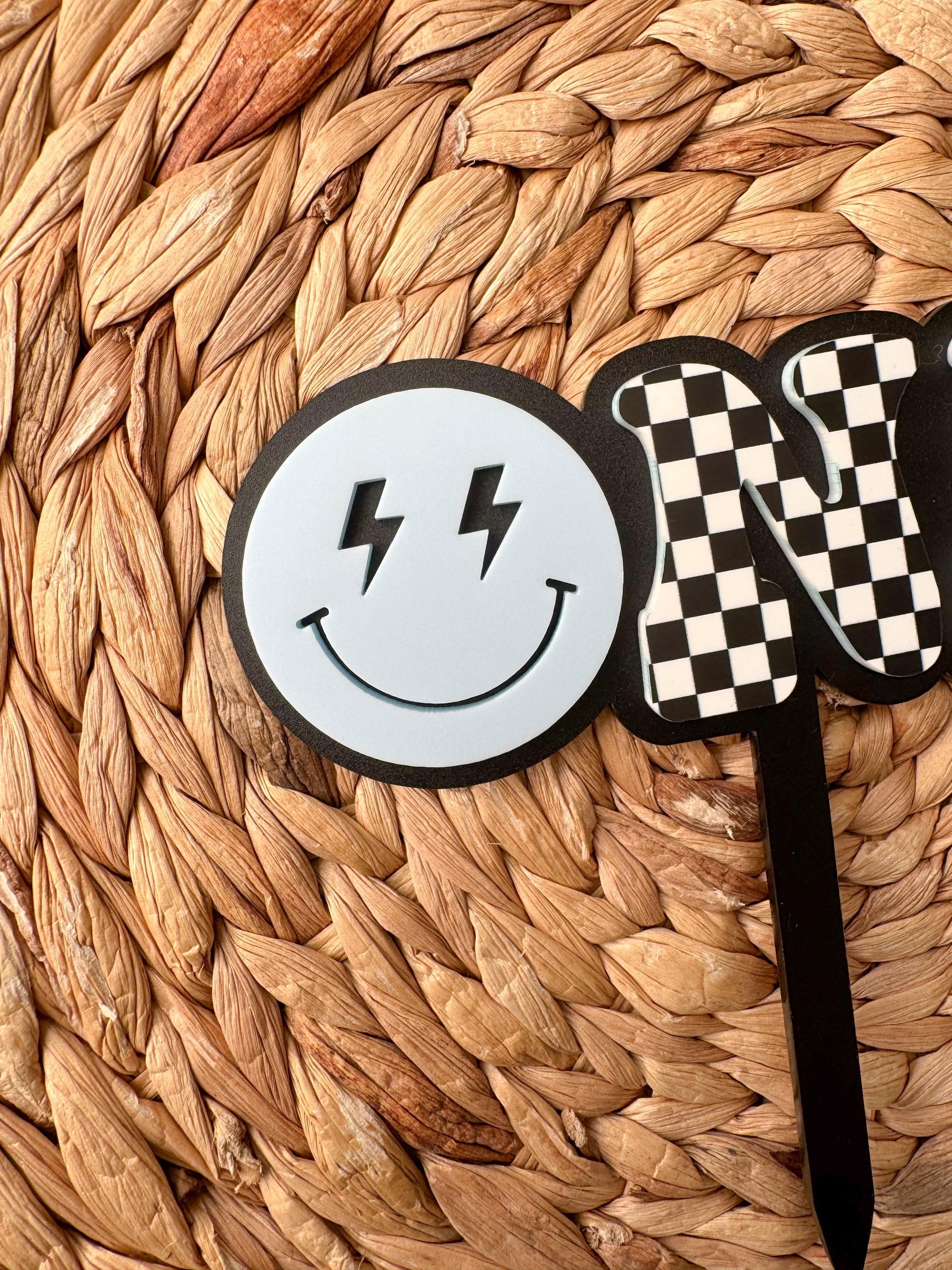 ONE Smiley Cake Topper | Checkered First Birthday | Modern Smash Cake Decor