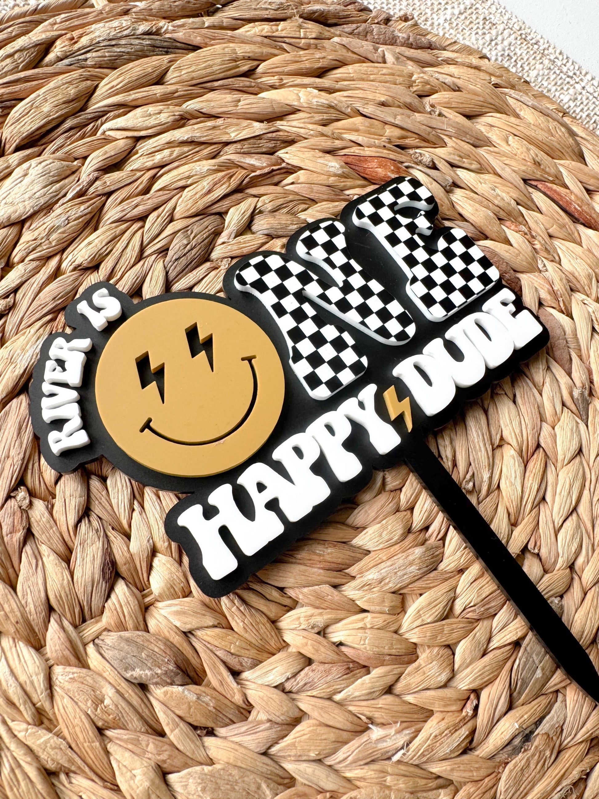 One Happy Dude First Birthday Cake Topper | Smiley 1st Party Decor Personalized Name
