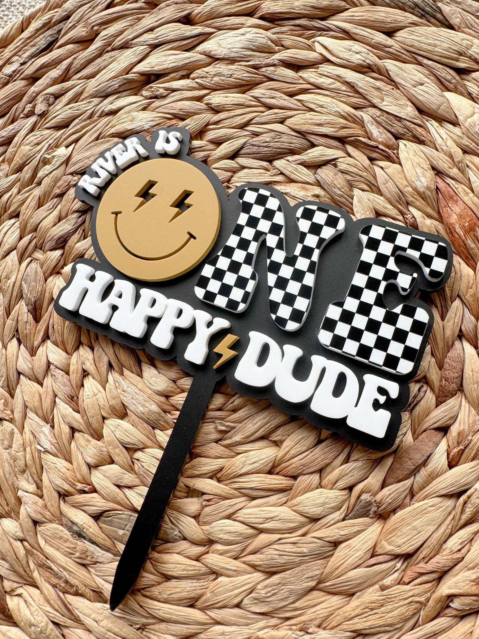 One Happy Dude First Birthday Cake Topper | Smiley 1st Party Decor Personalized Name