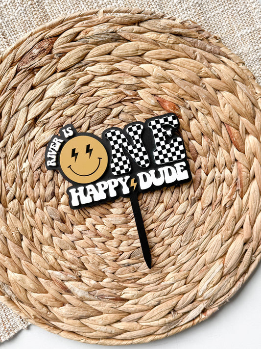 One Happy Dude First Birthday Cake Topper | Smiley 1st Party Decor Personalized Name