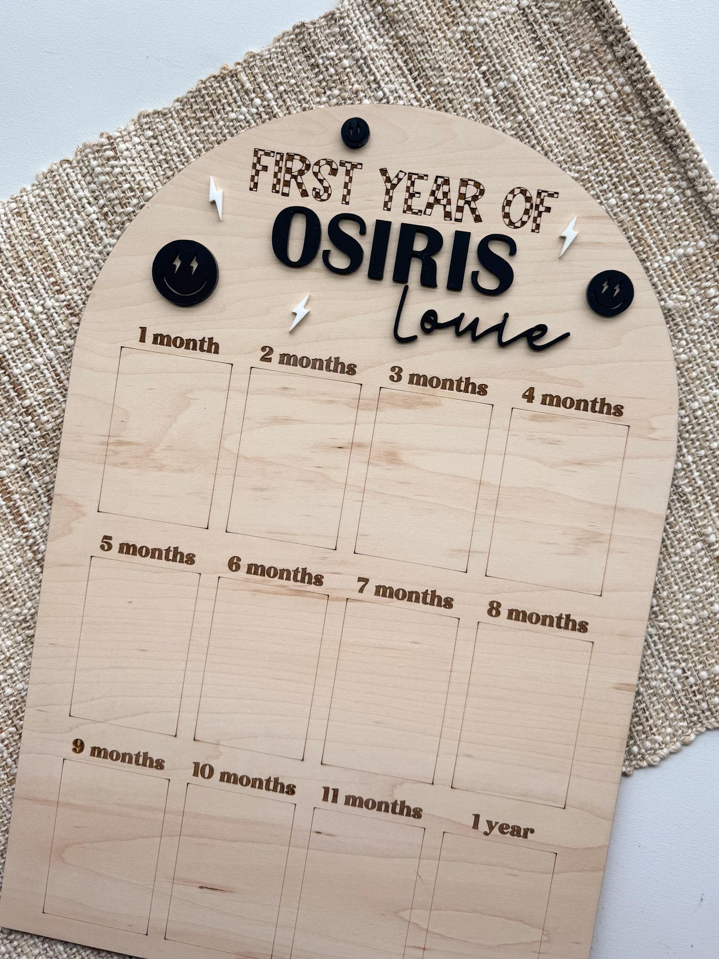 Personalized One Cool Kid first birthday photo board with checkerboard design