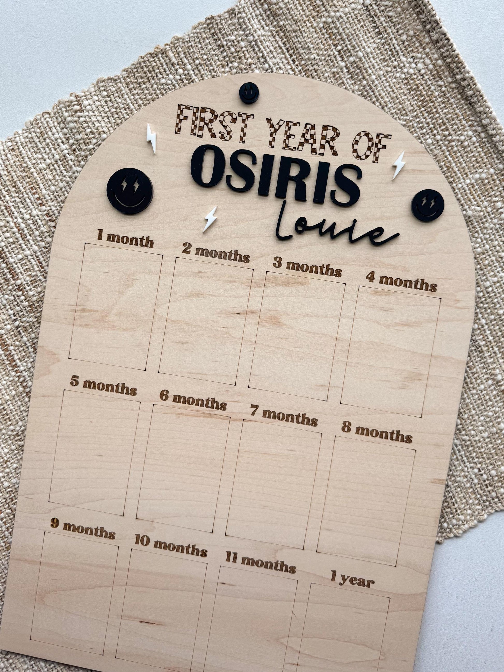 Personalized One Cool Kid first birthday photo board with checkerboard design