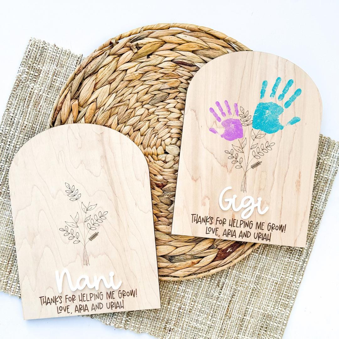 Personalized Grandma handprint flower keepsake sign in maple wood with engraved flowers