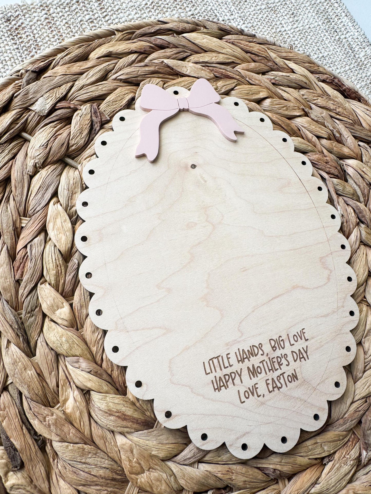 Personalized Mother’s Day Gift, Handprint Wood Sign, Custom Keepsake with Scalloped Bow