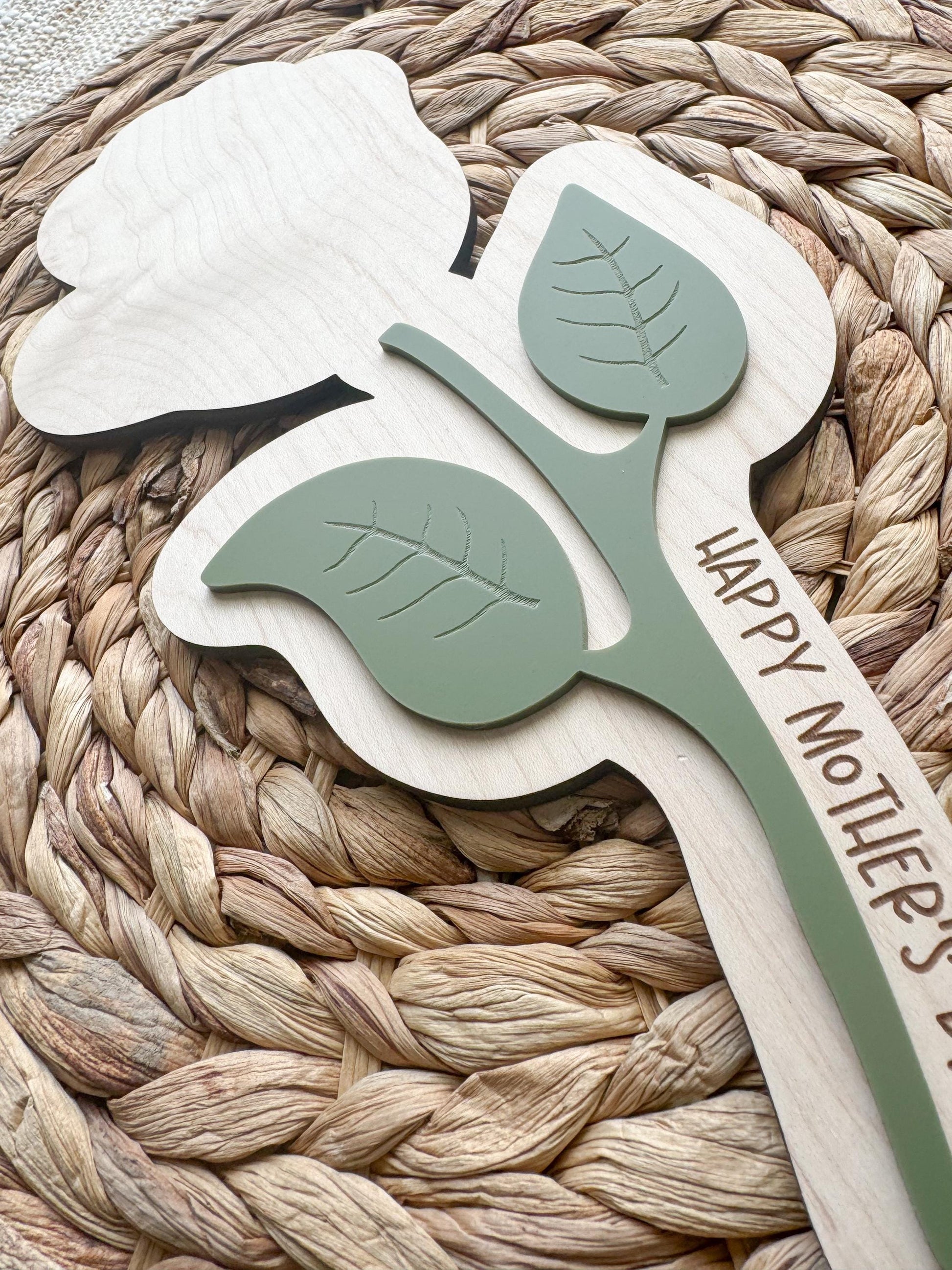 Engraved mothers day message on wooden flower stem customizable with child name