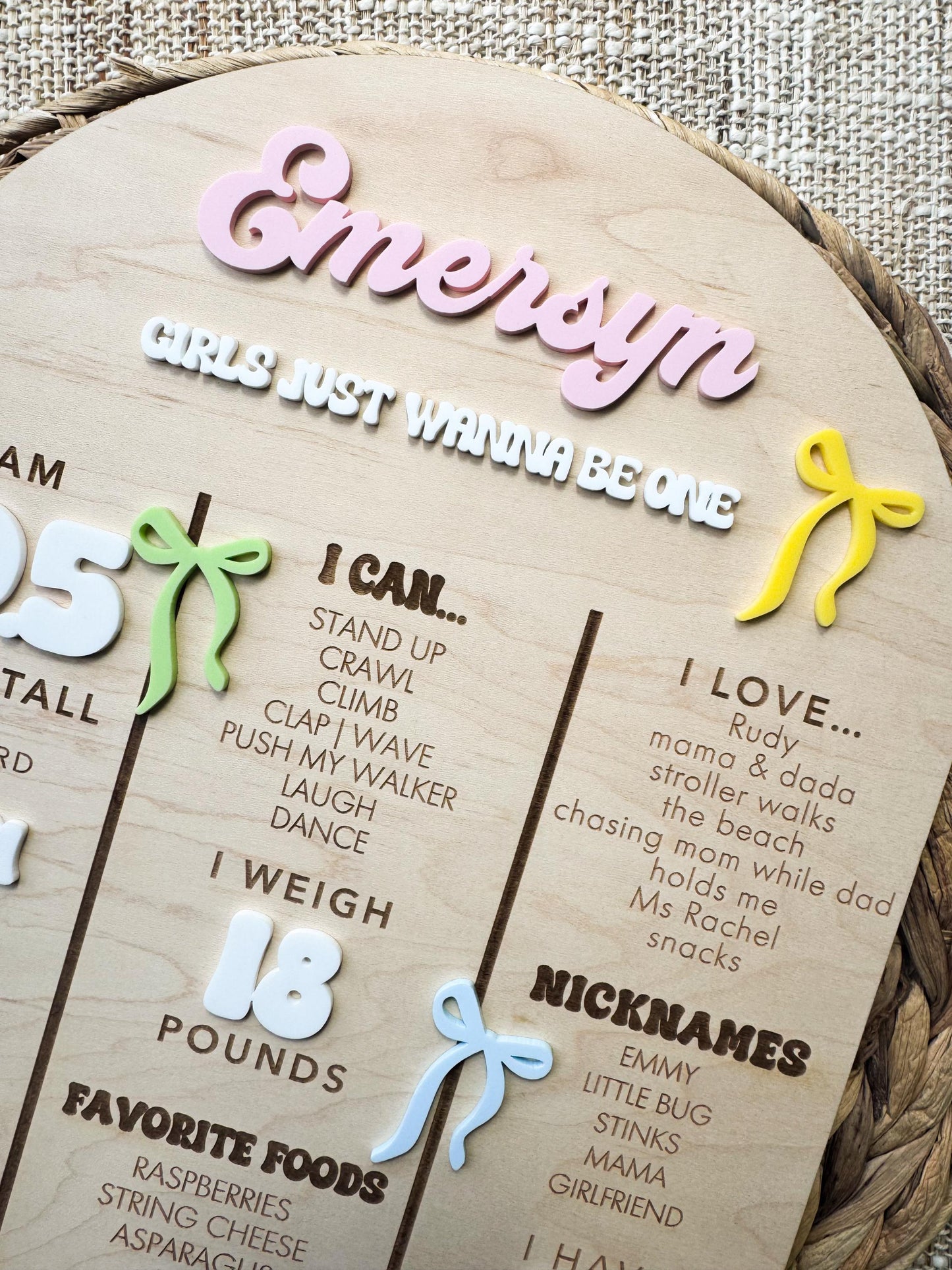 Bow 1st birthday milestone board as first birthday party photo prop and keepsake