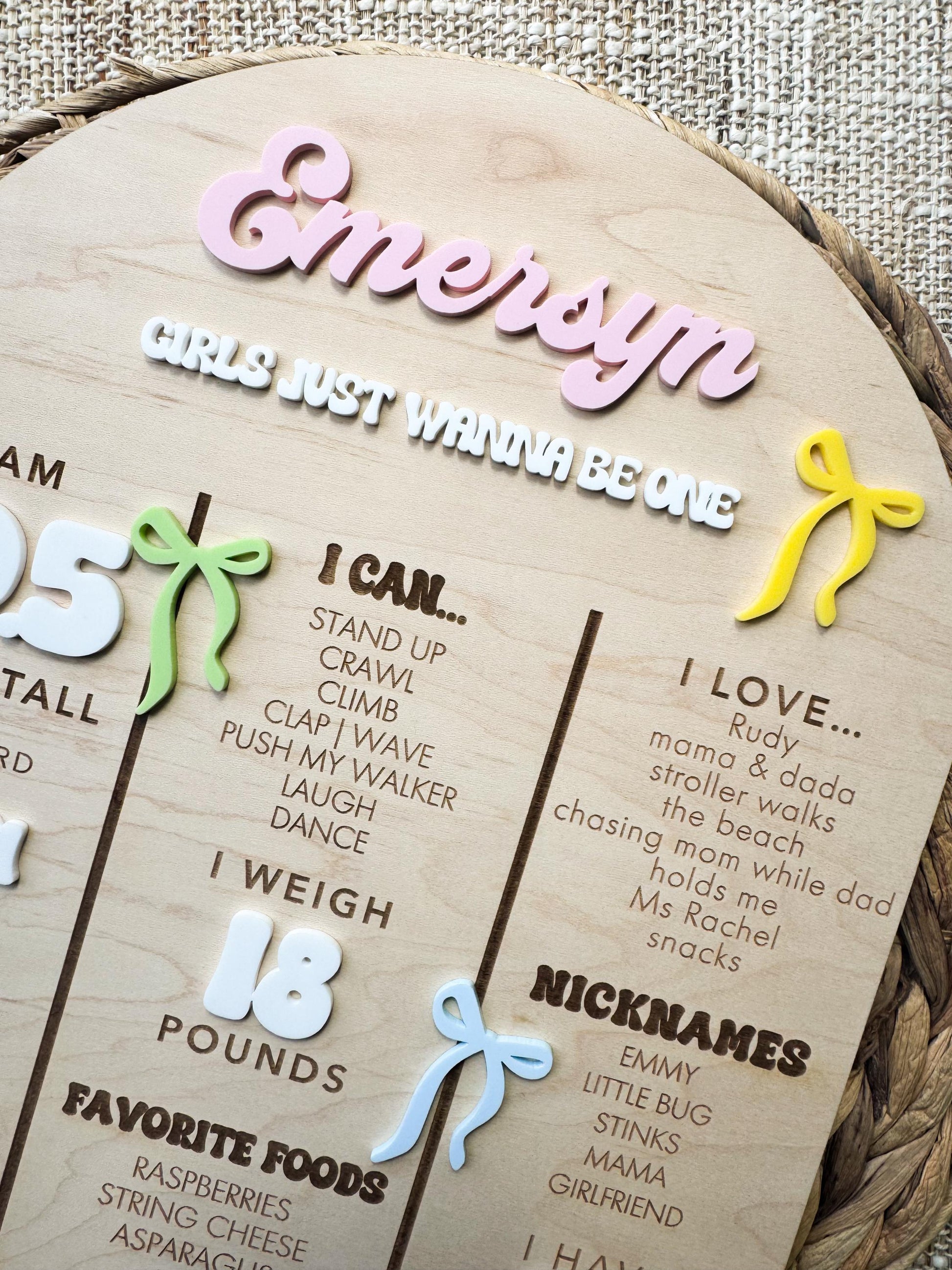 Bow 1st birthday milestone board as first birthday party photo prop and keepsake