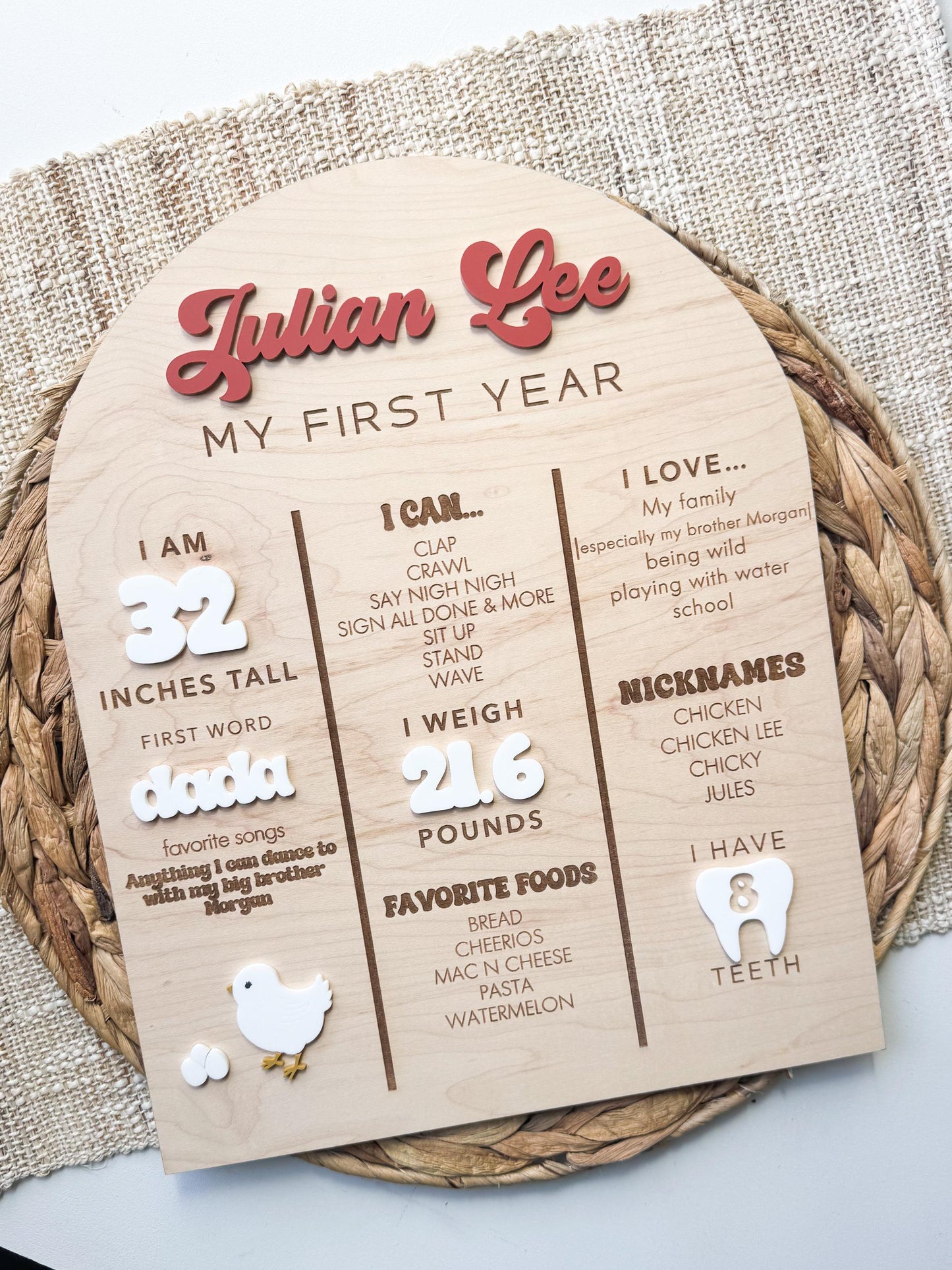 Personalized first birthday milestone board made from maple wood with acrylic name and baby stats
