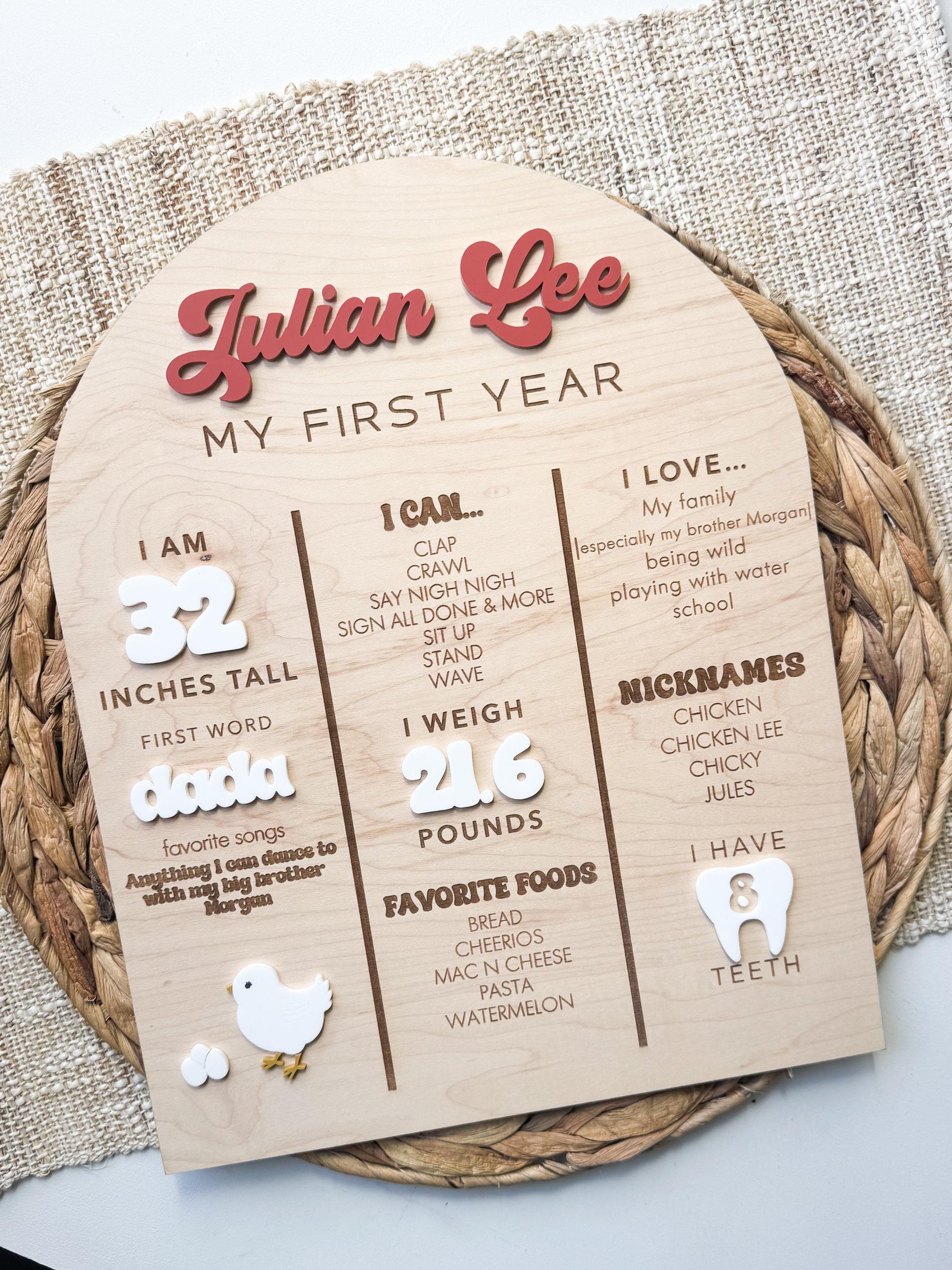 Personalized first birthday milestone board made from maple wood with acrylic name and baby stats
