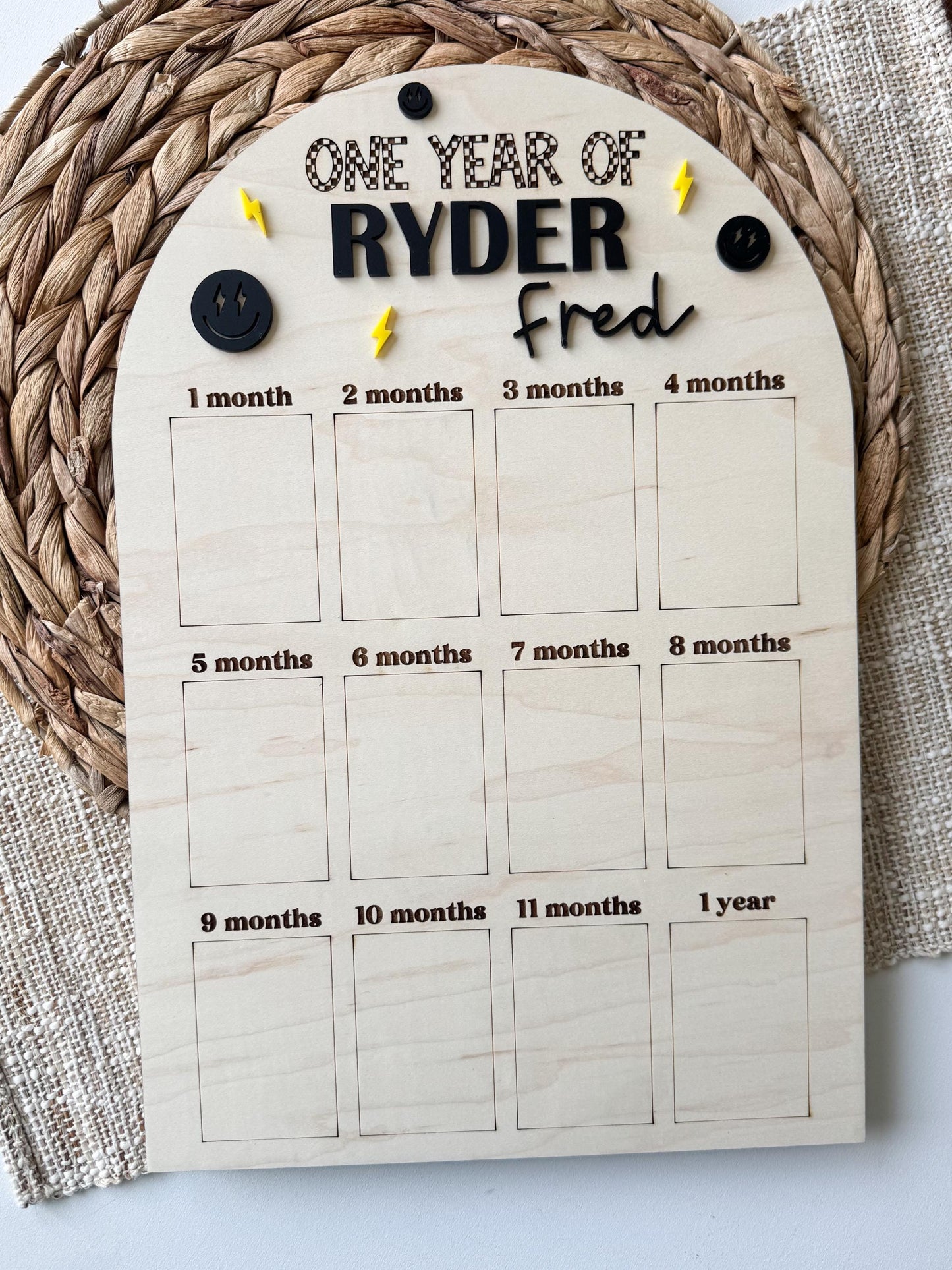 One Year of Photos milestone board in maple wood, custom first birthday 12-month photo display