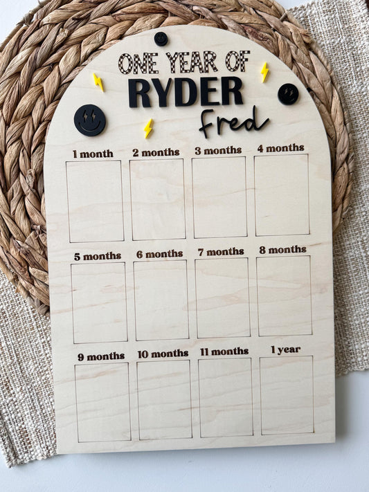 One Year of Photos milestone board in maple wood, custom first birthday 12-month photo display