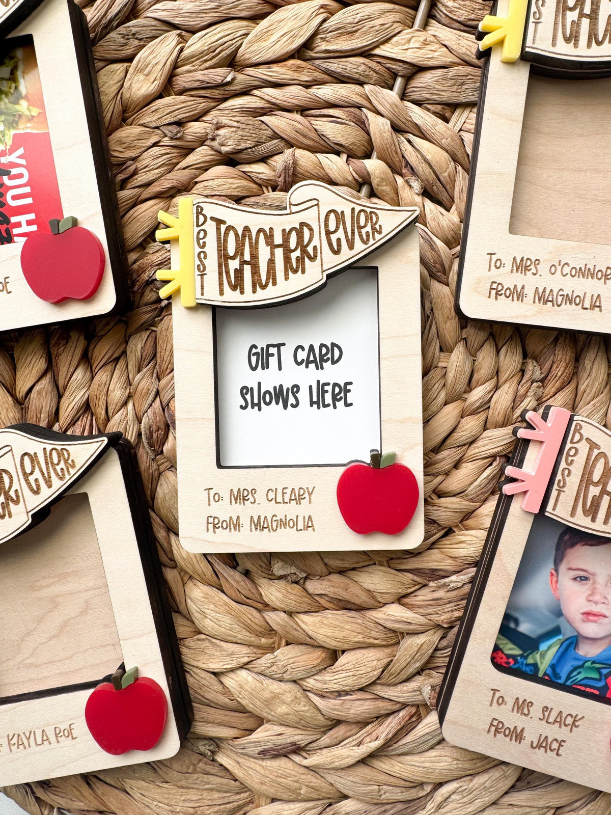 Wooden Best Teacher Ever gift card display with layered acrylic details