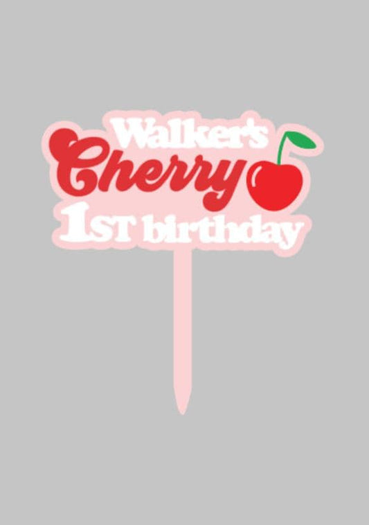 Cherry birthday cake topper personalized with name and age made from layered acrylic party decor
