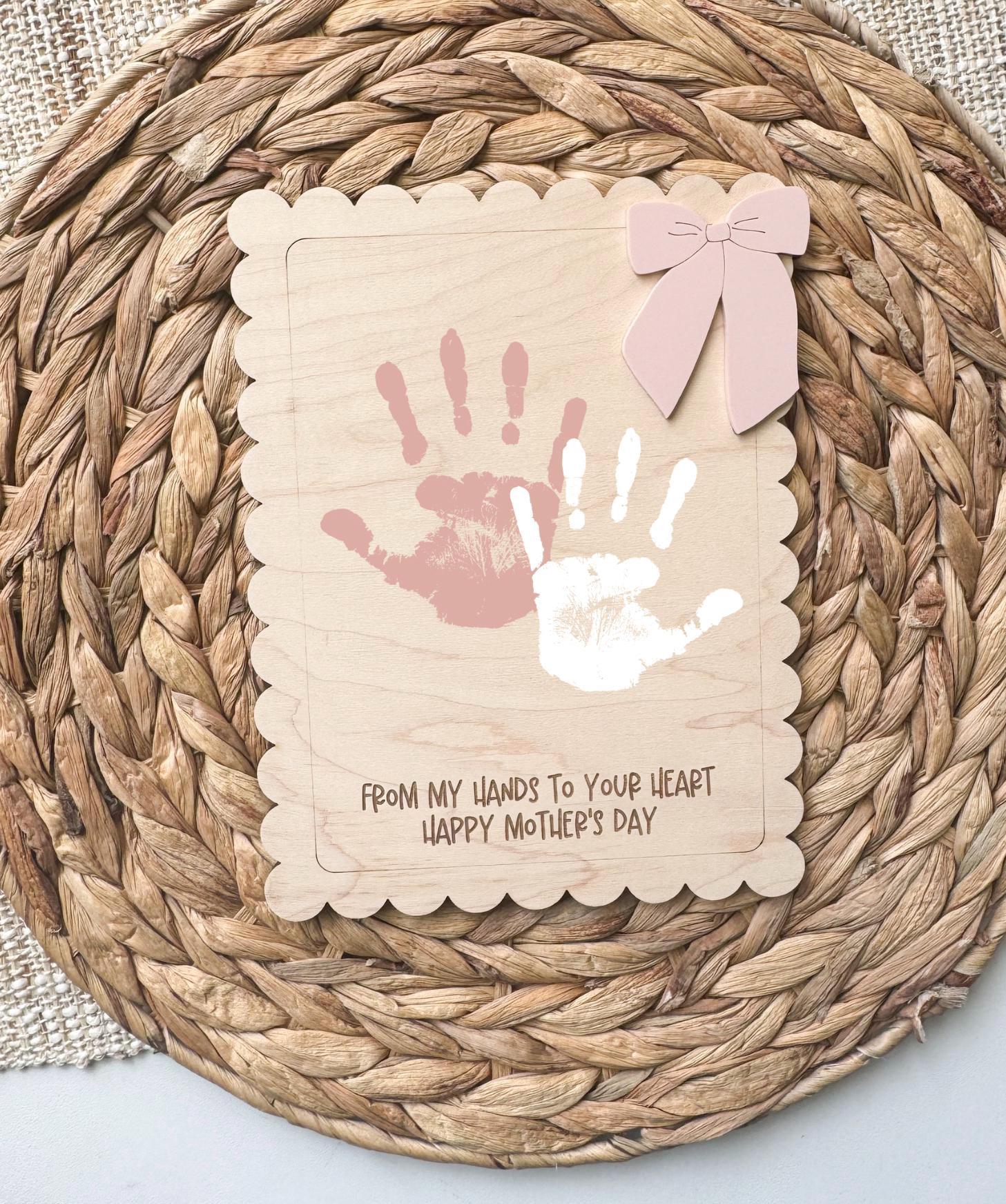 Personalized handprint bow keepsake sign in maple wood for Grandma, Mother's Day gift from kids
