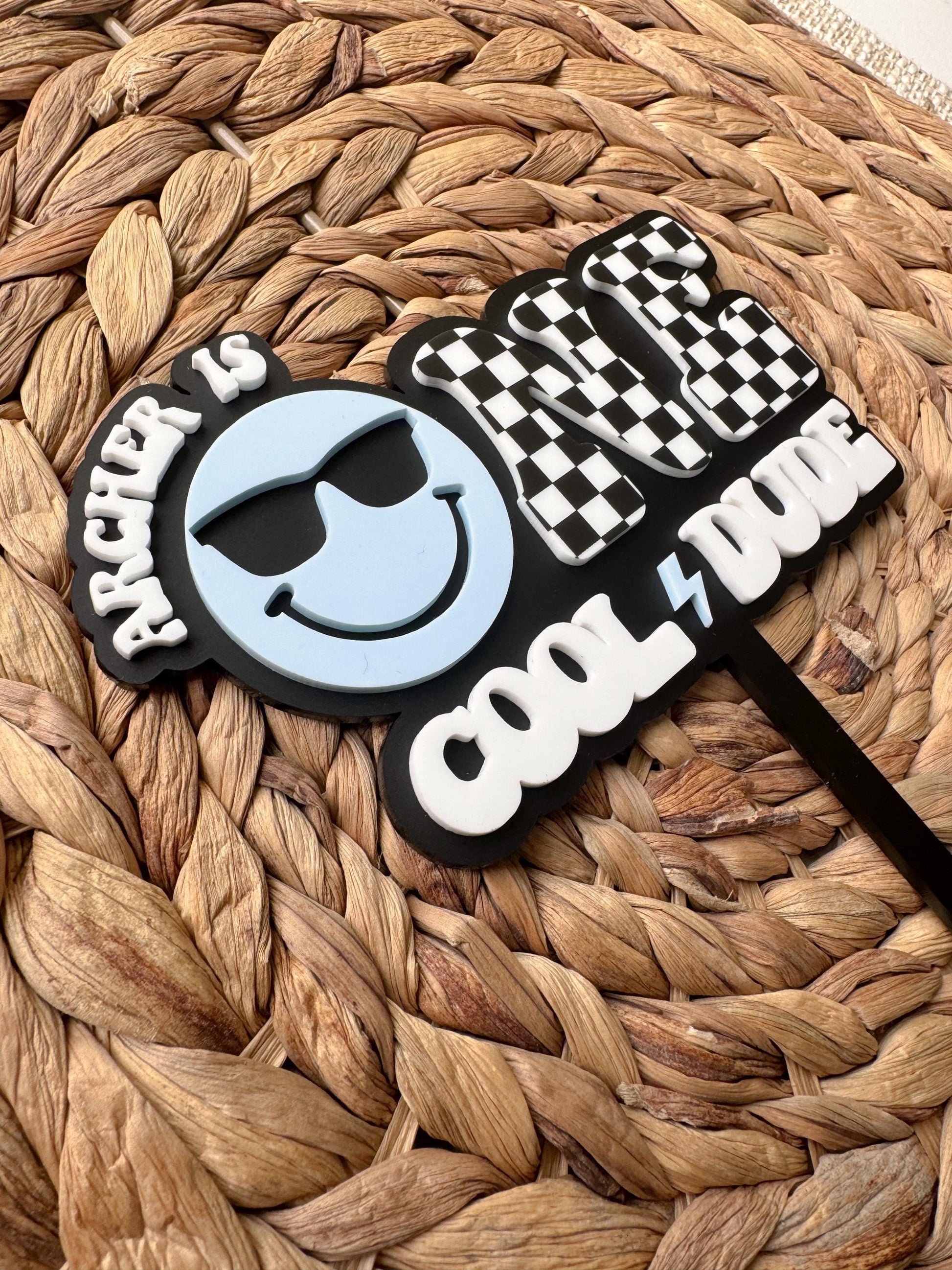 Custom name cool dude birthday cake topper with layered acrylic design