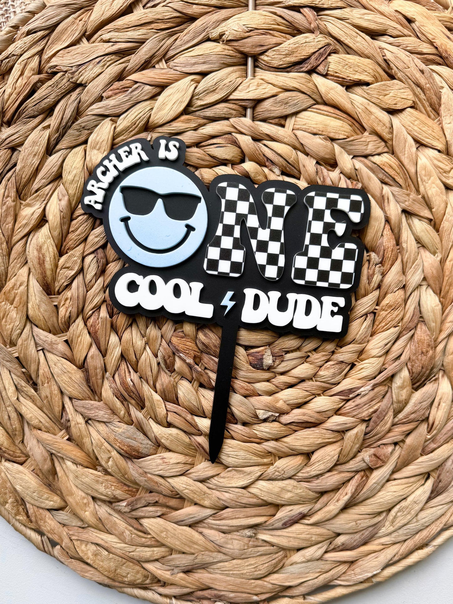 First Birthday Cake Topper Boy, Cool Dude ONE, Smiley Face Cake Topper, Custom Name Smash Cake Decor