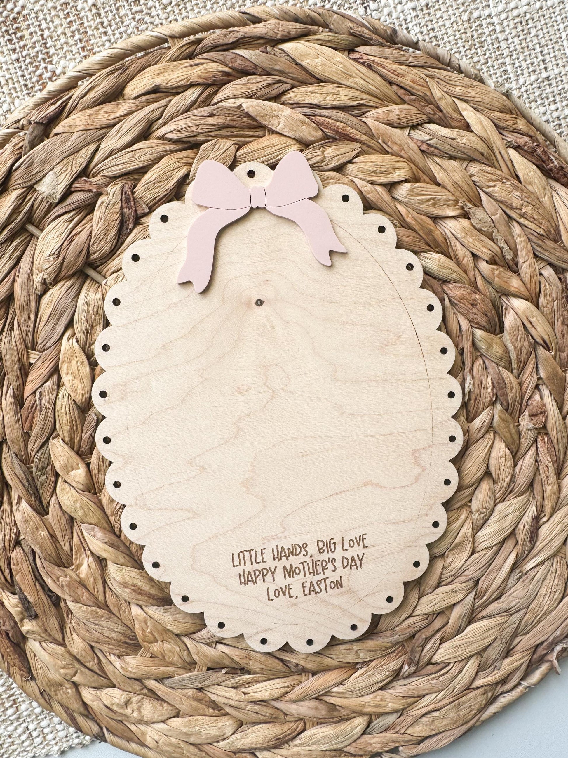 Kids handprint mothers day keepsake gift made from wood with customizable engraved message