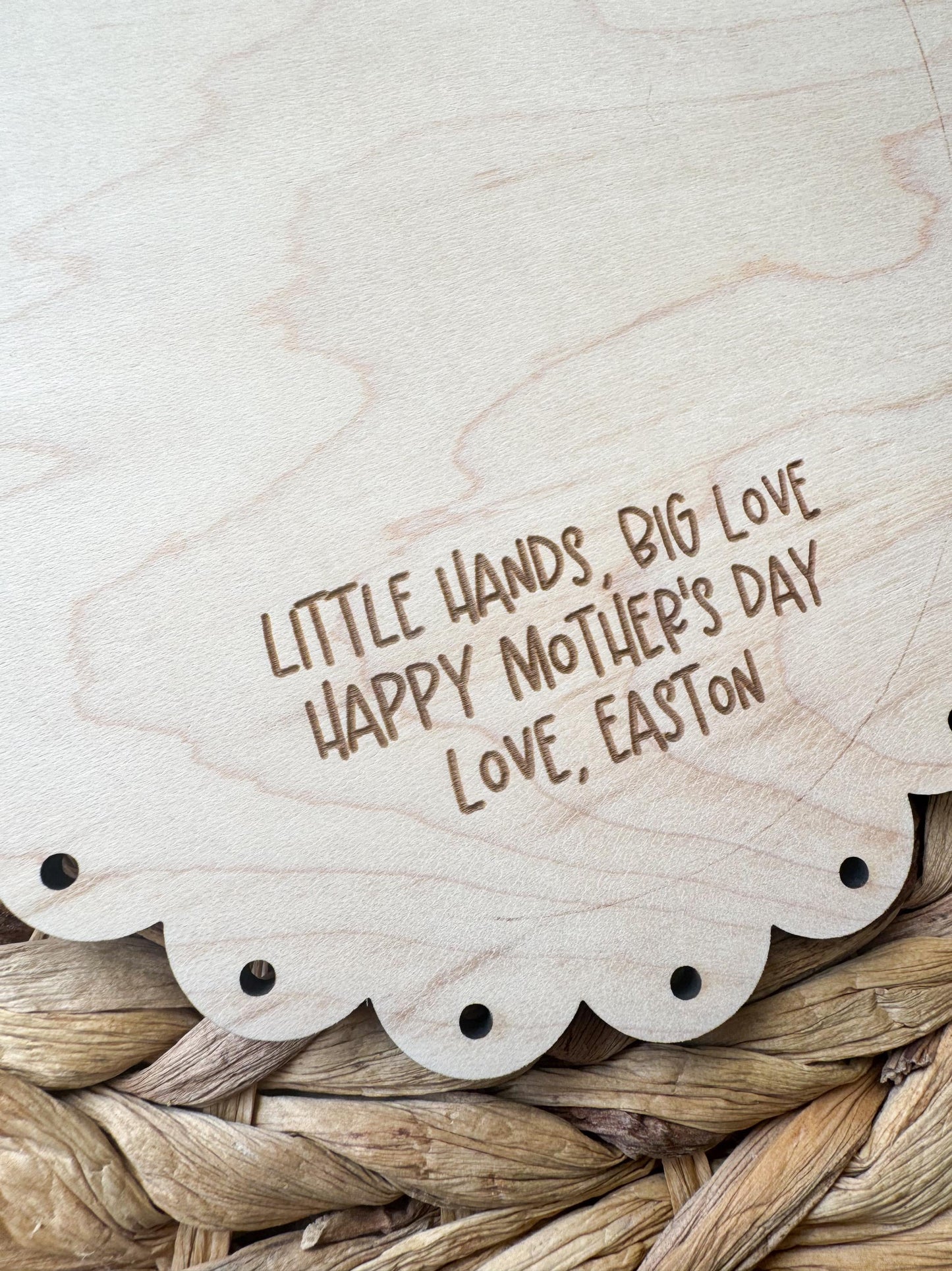 Engraved mothers day message on maple wood handprint plaque personalized with child name